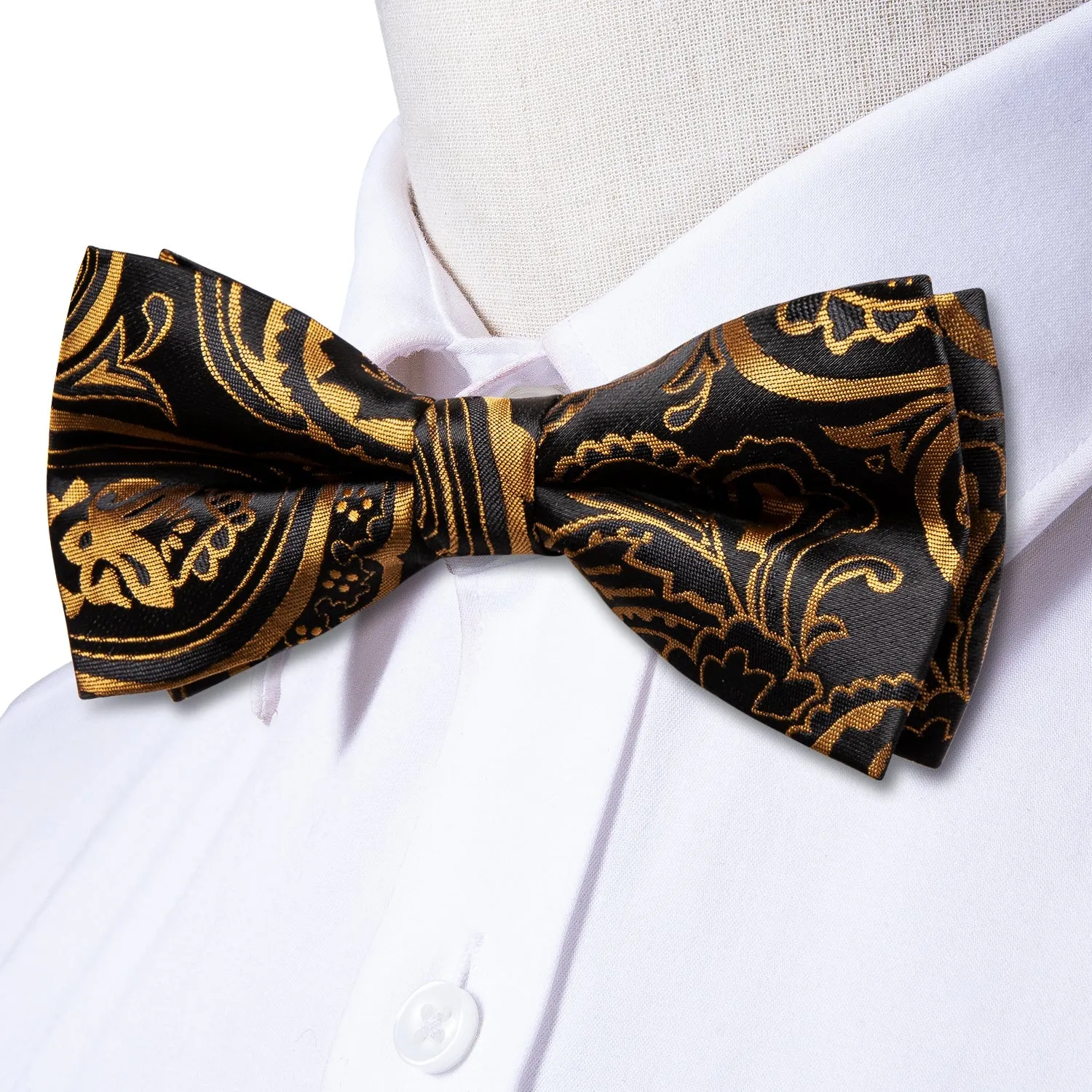 Black Golden Paisley Pre-tied Bow Tie Hanky Cufflinks Set sold by Ties2You product image thumbnail 5
