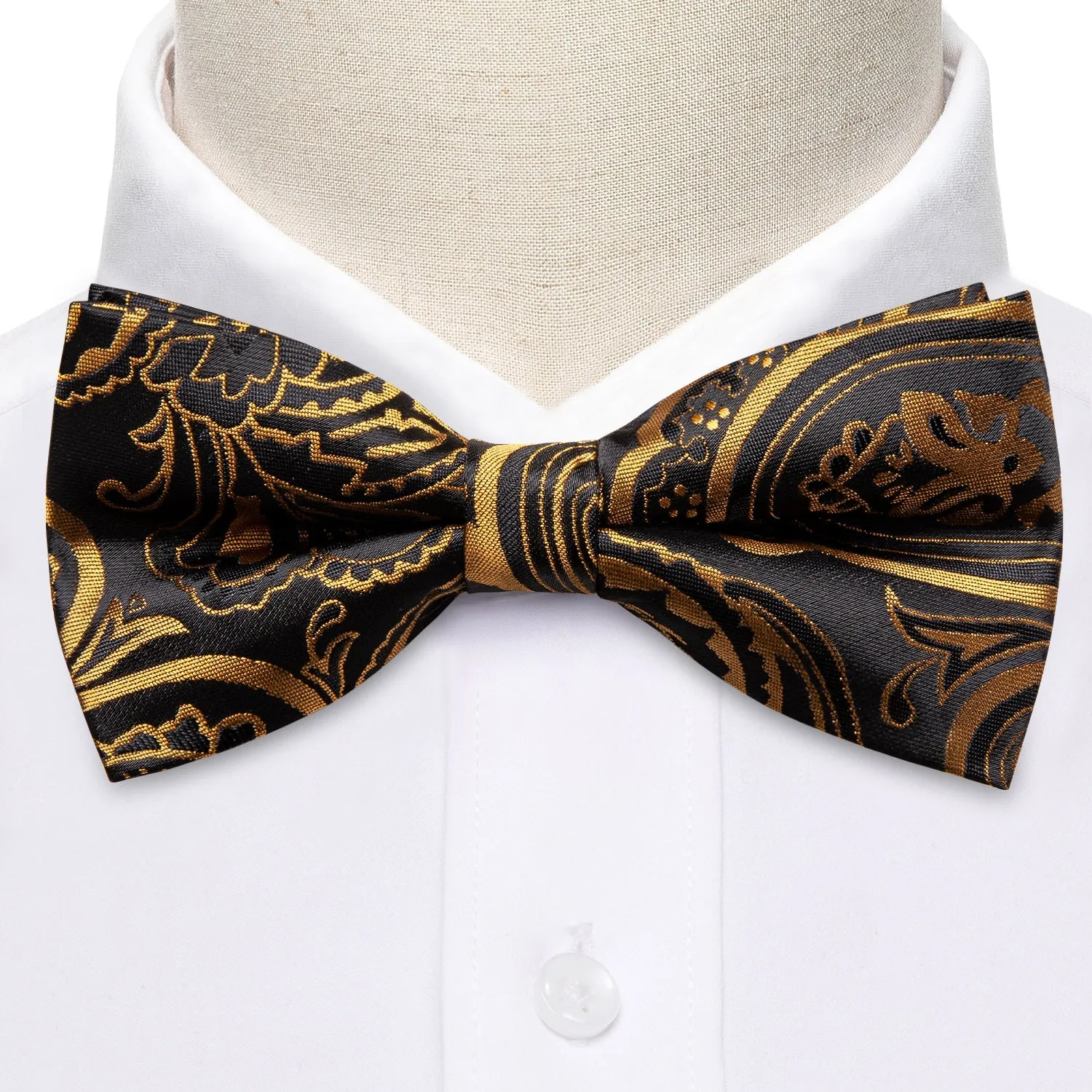 Black Golden Paisley Pre-tied Bow Tie Hanky Cufflinks Set sold by Ties2You product image thumbnail 3