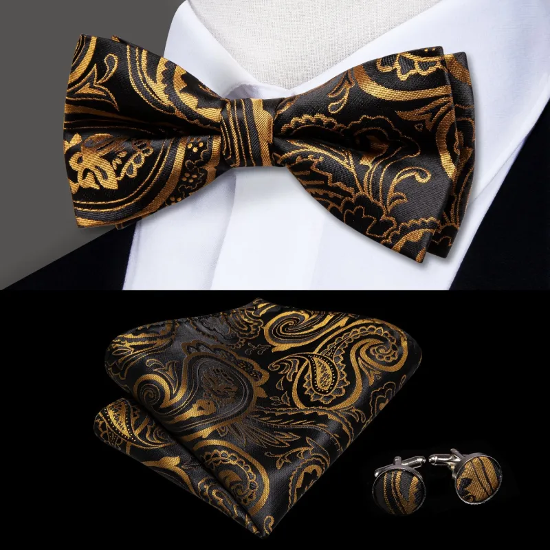 Black Golden Paisley Pre-tied Bow Tie Hanky Cufflinks Set sold by Ties2You