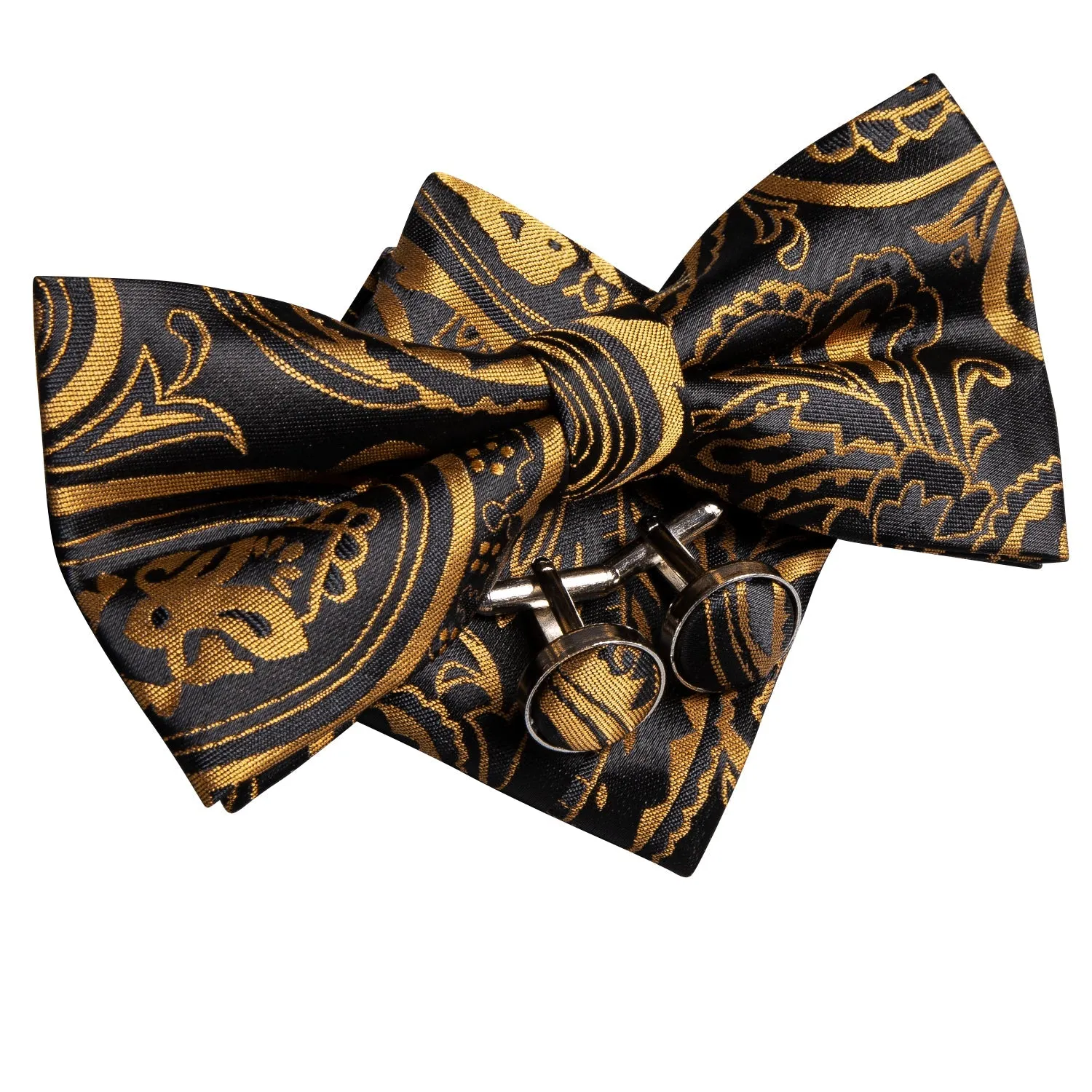 Black Golden Paisley Pre-tied Bow Tie Hanky Cufflinks Set sold by Ties2You product image thumbnail 2