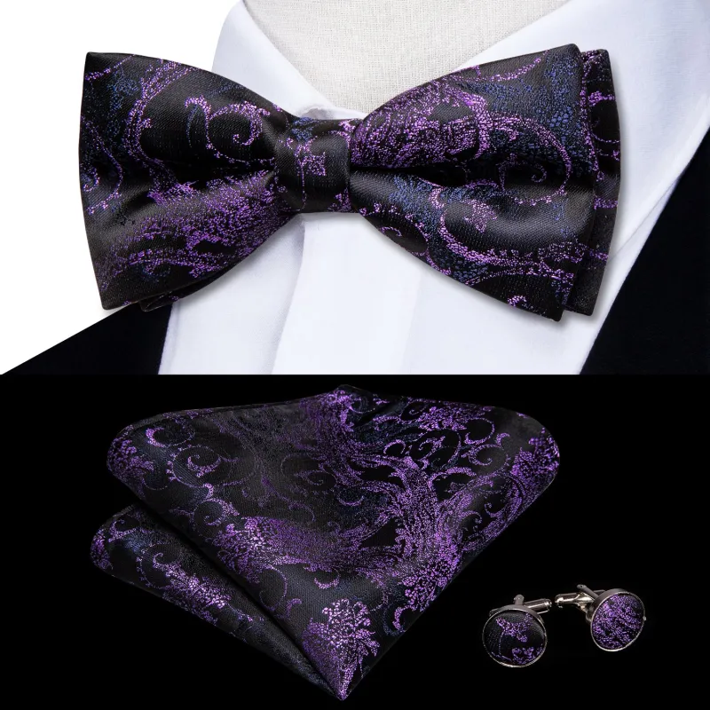 Black Purple Blue Paisley Pre-tied Bow Tie Hanky Cufflinks Set sold by Ties2You
