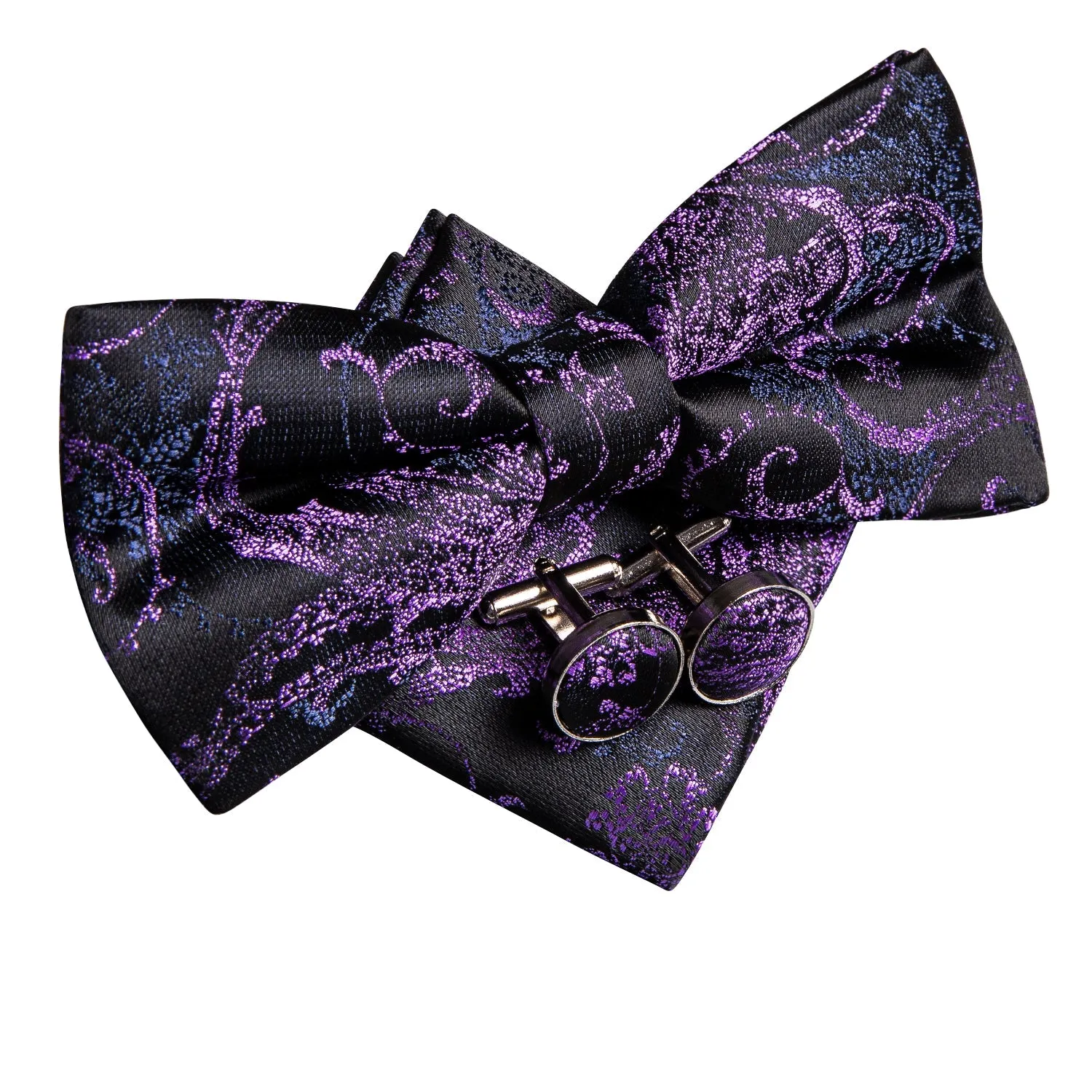 Black Purple Blue Paisley Pre-tied Bow Tie Hanky Cufflinks Set sold by Ties2You product image thumbnail 2