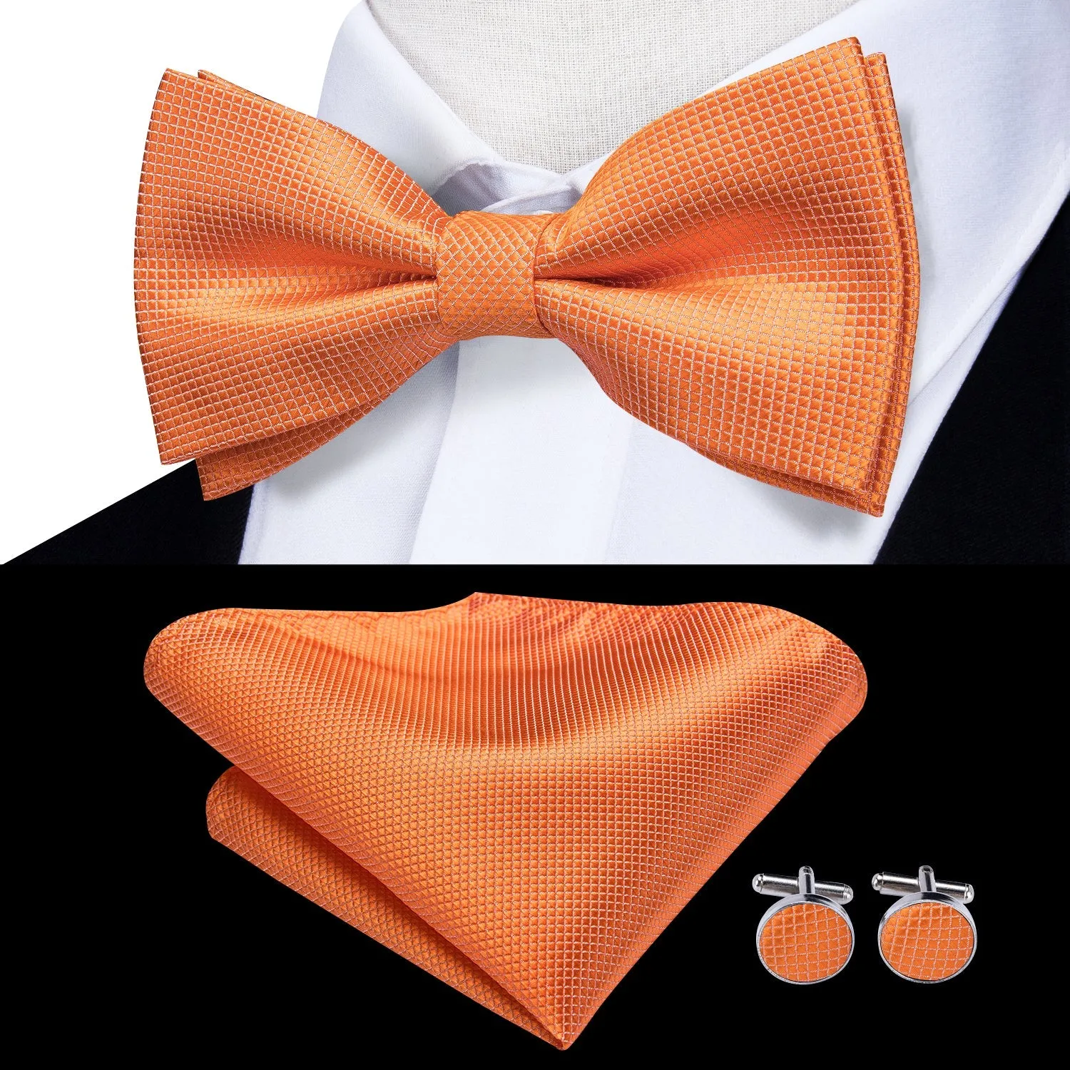 Solid Orange Pre-tied Bow Tie Hanky Cufflinks Set sold by Ties2You