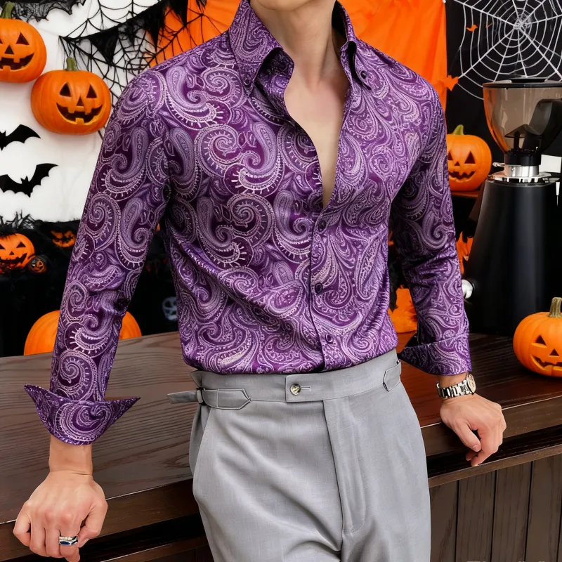 Ties2you Mens Purple Dress Shirt 70s Disco Paisley Shirt Button Down Long Sleeve Tops sold by Ties2You