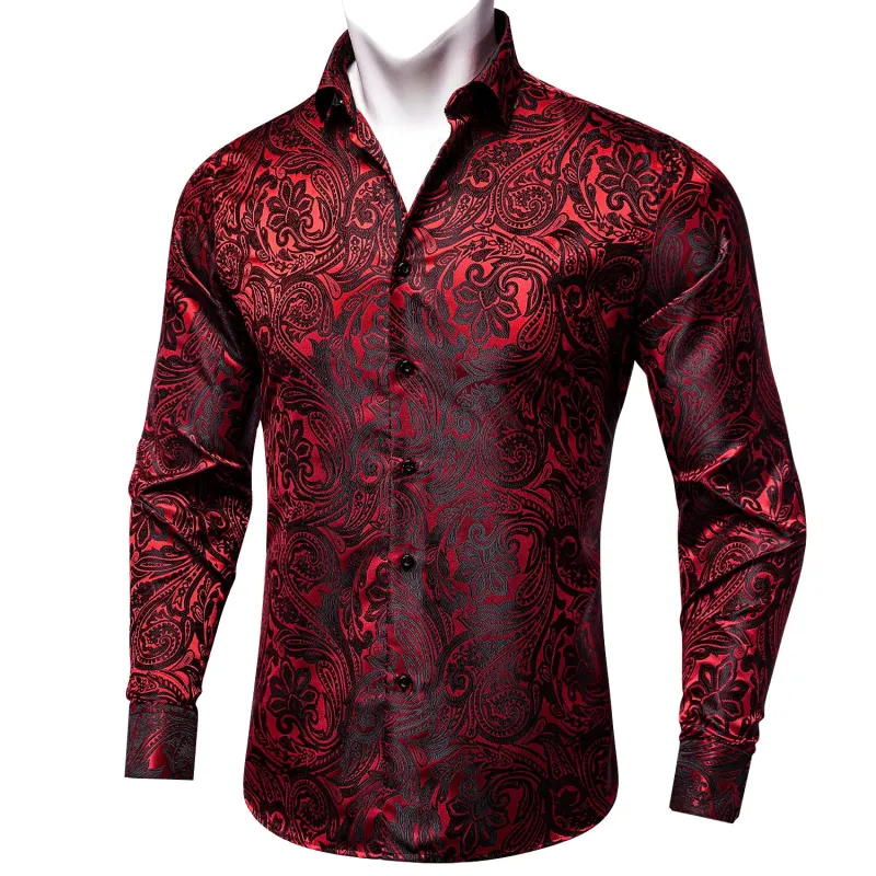 Ties2you Burgundy Paisley Dress Shirt Mens Silk Casual Long Sleeve Button Down Shirt sold by Ties2You