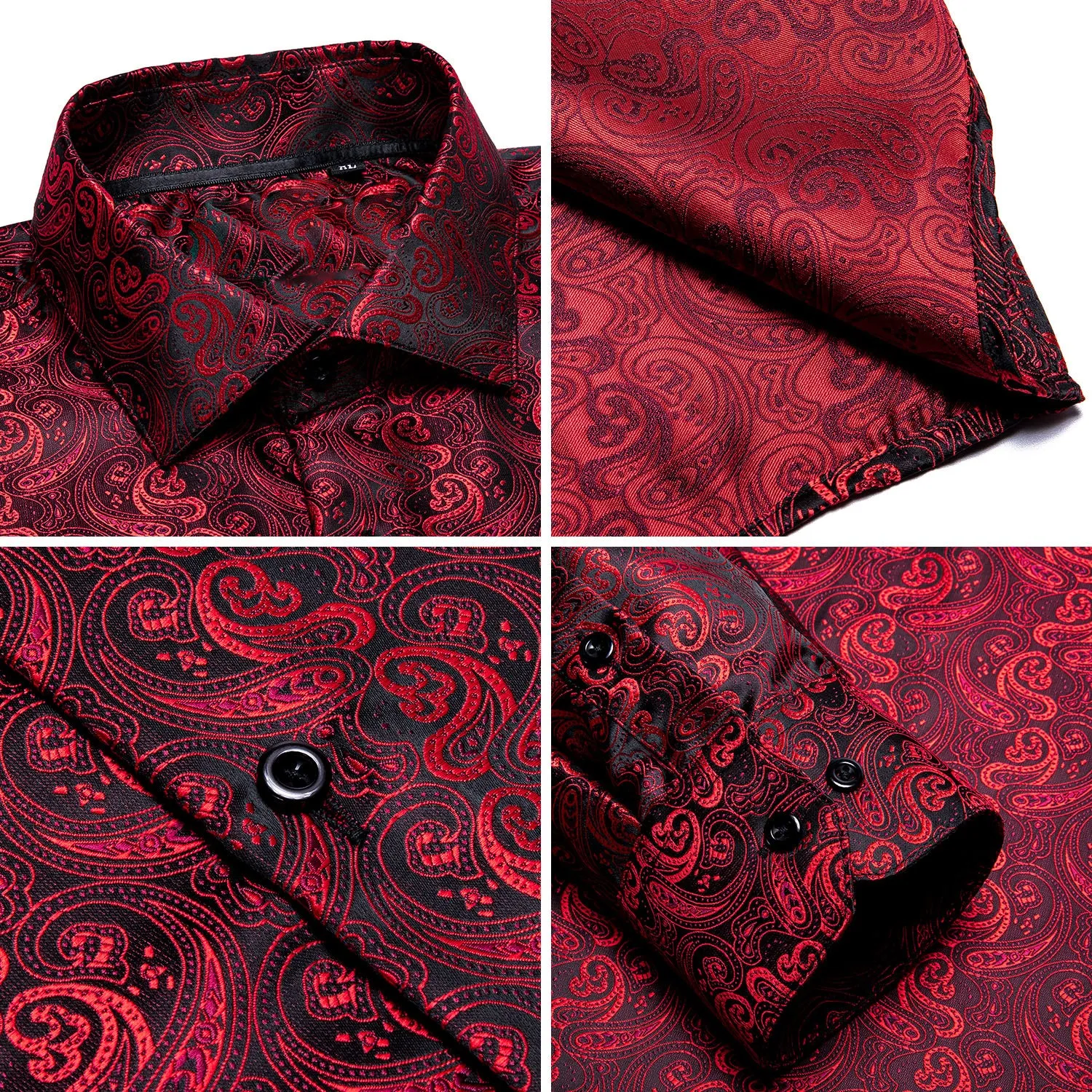 Red Black Paisley Silk Men's Long Sleeve Shirt sold by Ties2You product image thumbnail 5