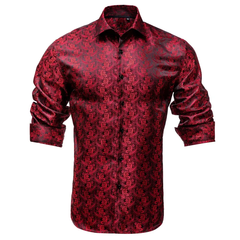 Red Black Paisley Silk Men's Long Sleeve Shirt sold by Ties2You