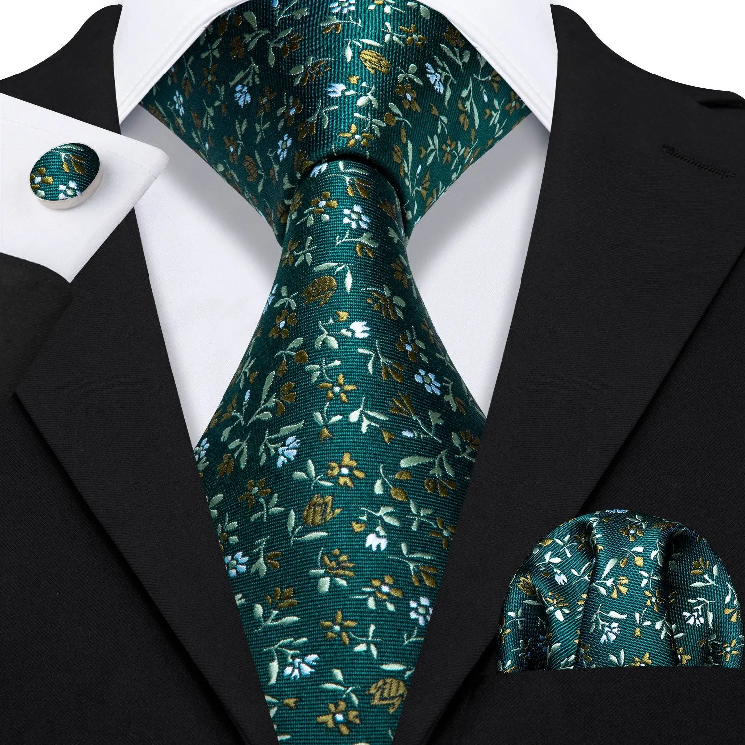 Green Small Floral Tie Pocket Square Cufflinks Set sold by Ties2You