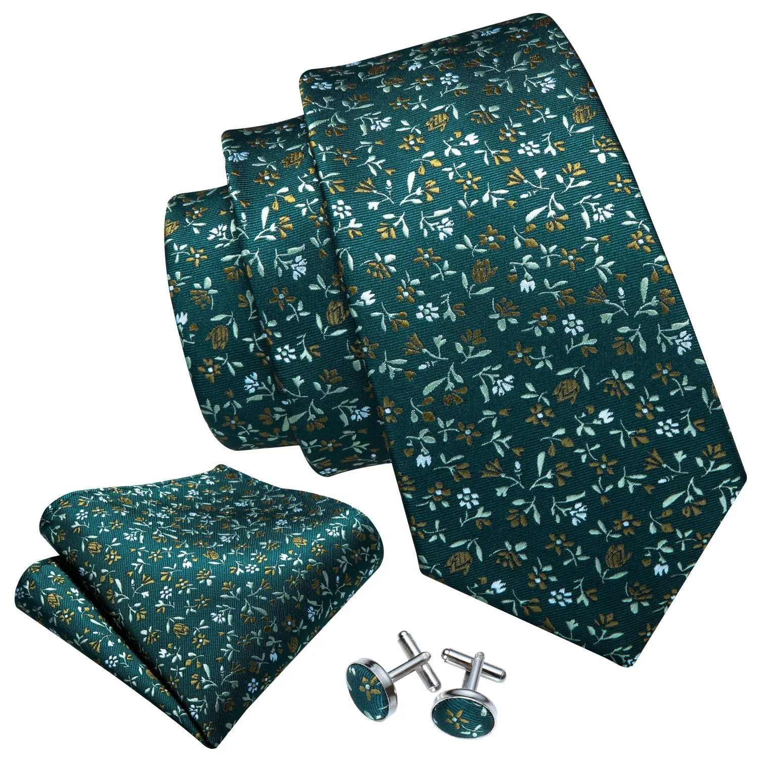 Green Small Floral Tie Pocket Square Cufflinks Set sold by Ties2You product image thumbnail 4