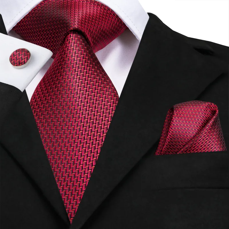 Red Black Weave Silk Men's Tie Handkerchief Cufflinks Set sold by Ties2You