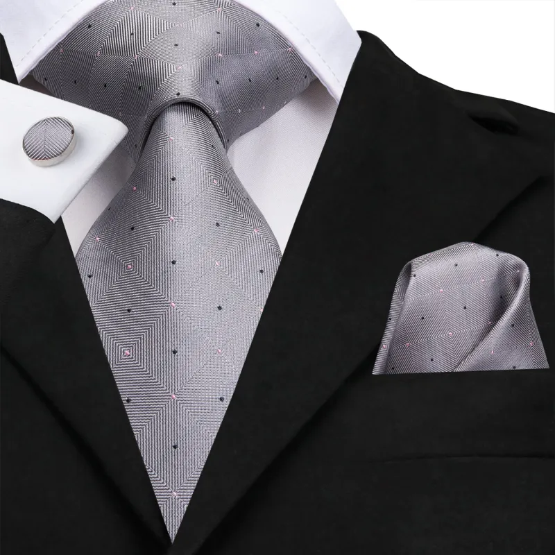 Grey Plaid with Black Pink Dot Silk Men's Tie Handkerchief Cufflinks Set sold by Ties2You