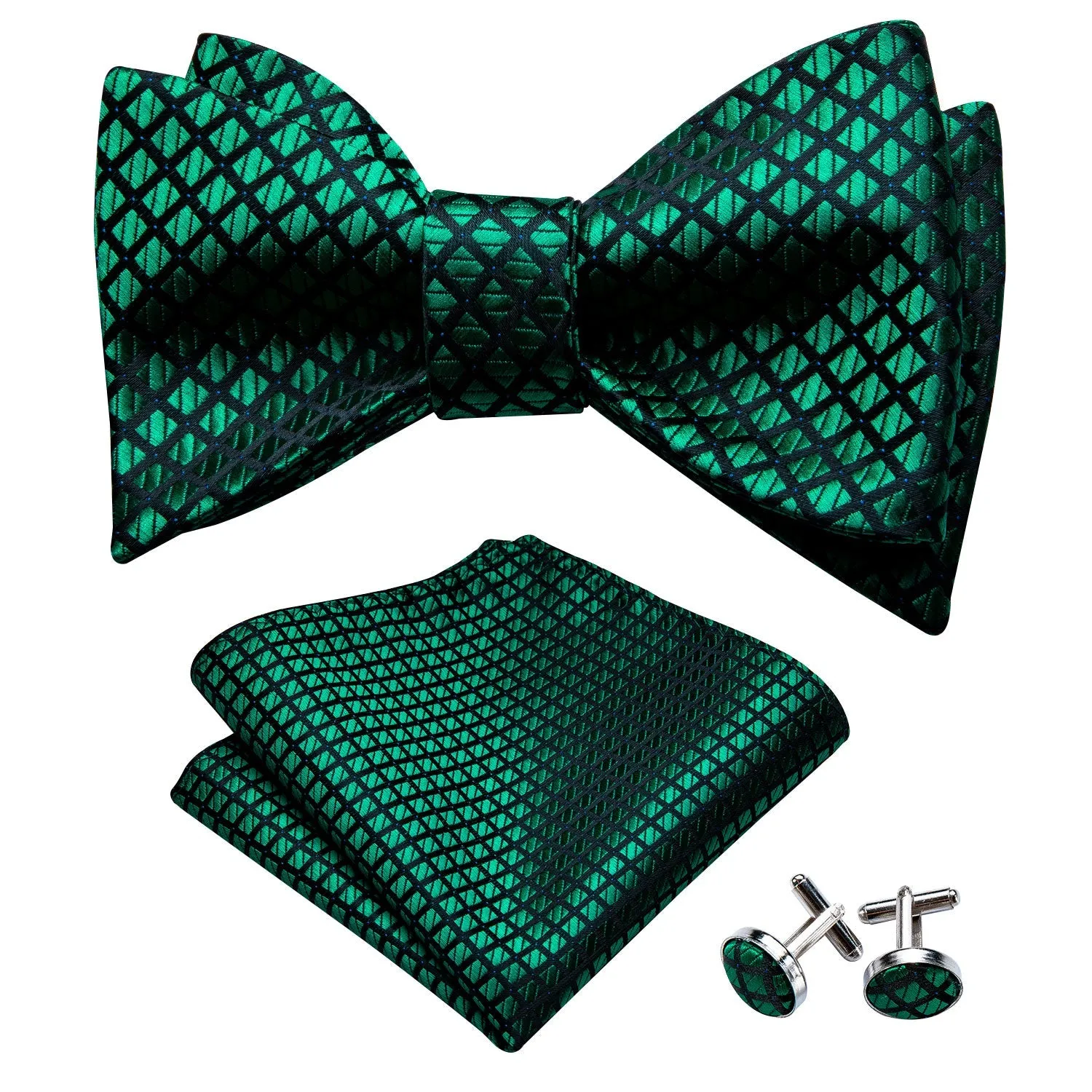 Green Plaid Self-tied Bow Tie Hanky Cufflinks Set sold by Ties2You