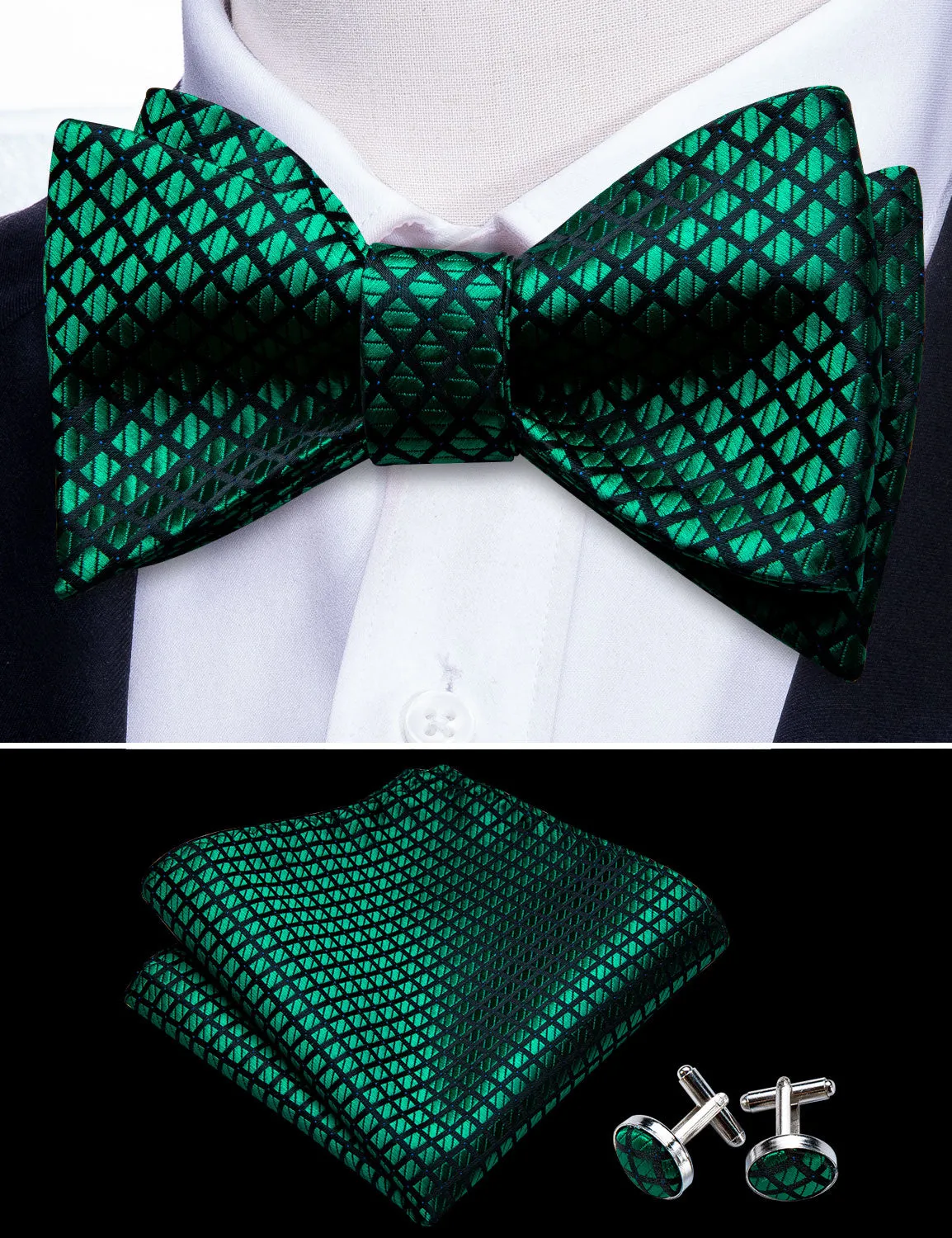 Green Plaid Self-tied Bow Tie Hanky Cufflinks Set sold by Ties2You product image thumbnail 3