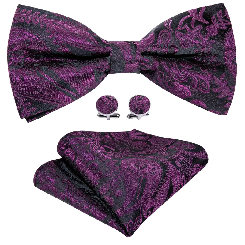 Purple Black Paisley Pre-tied Bow Tie Hanky Cufflinks Set sold by Ties2You