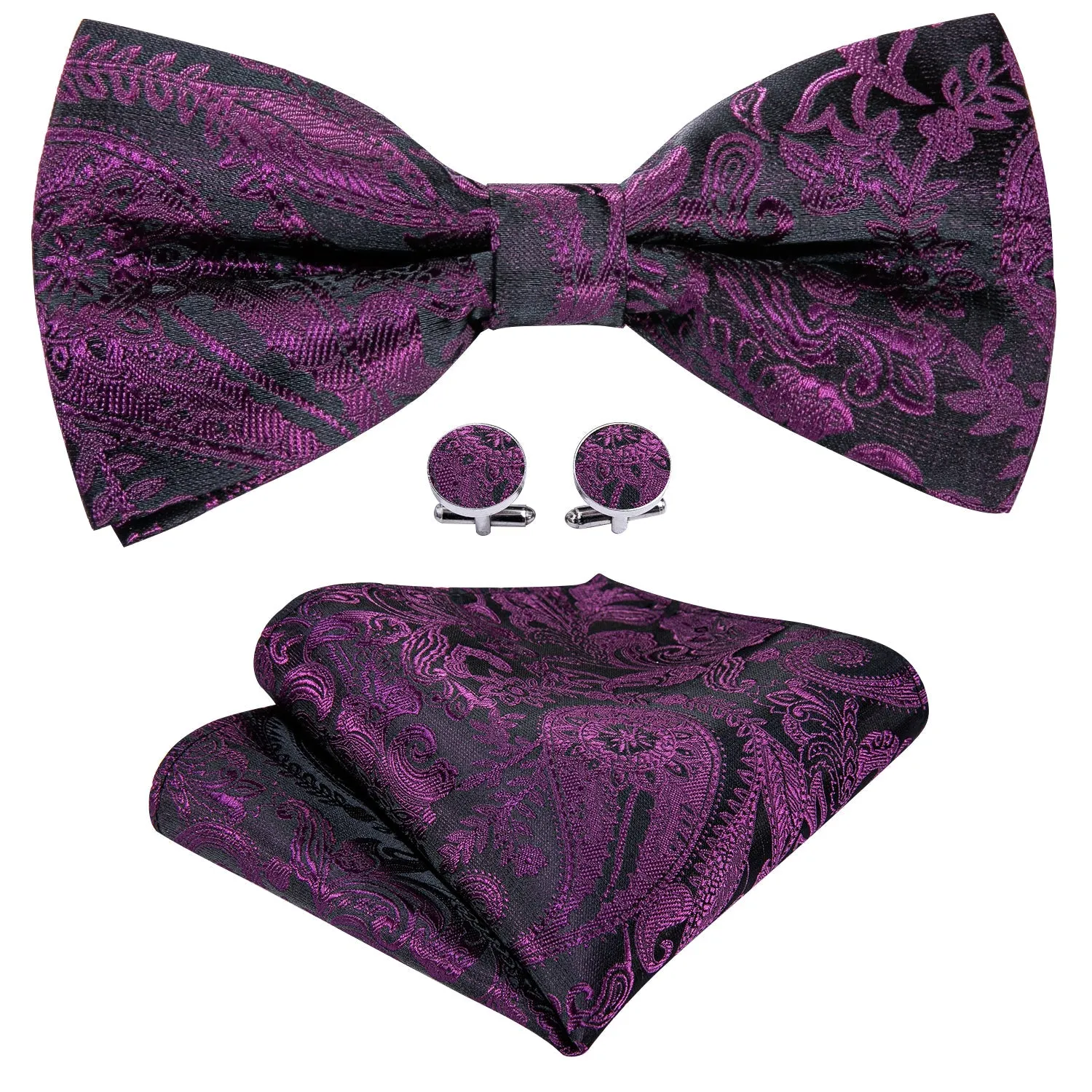 Purple Black Paisley Pre-tied Bow Tie Hanky Cufflinks Set sold by Ties2You