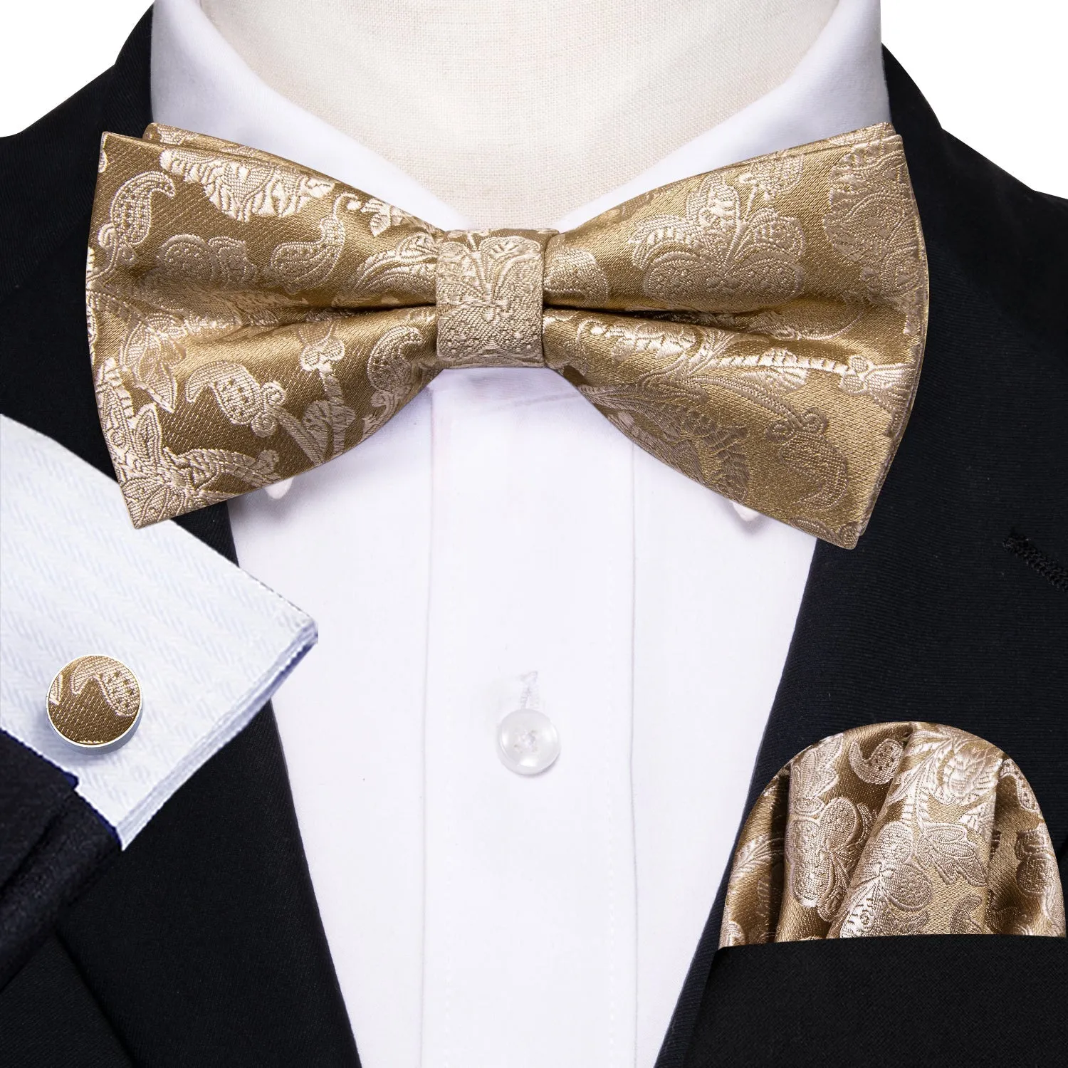 Gold Paisley Pre-tied Bow Tie Hanky Cufflinks Set sold by Ties2You