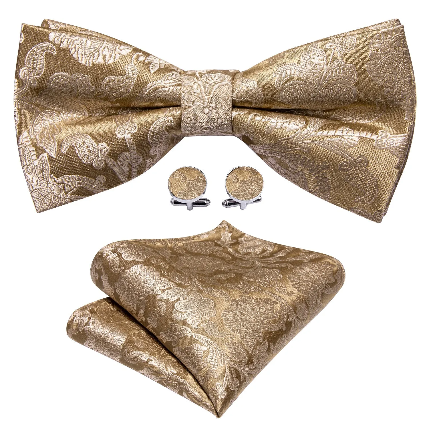 Gold Paisley Pre-tied Bow Tie Hanky Cufflinks Set sold by Ties2You product image thumbnail 3