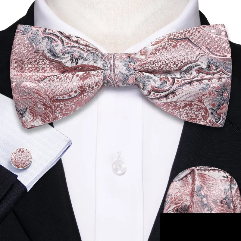 Grey Pink Paisley Pre-tied Bow Tie Hanky Cufflinks Set sold by Ties2You