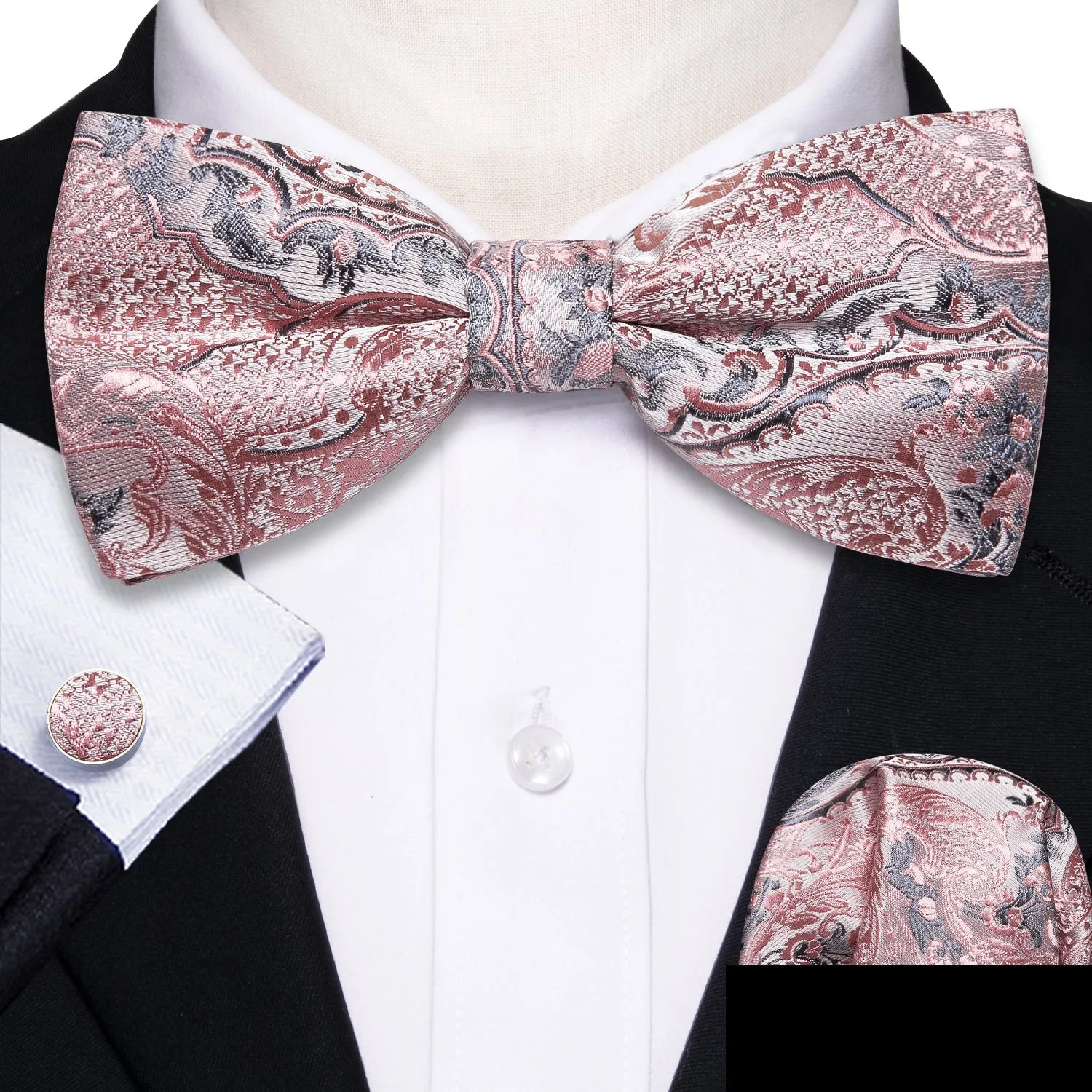 Grey Pink Paisley Pre-tied Bow Tie Hanky Cufflinks Set sold by Ties2You