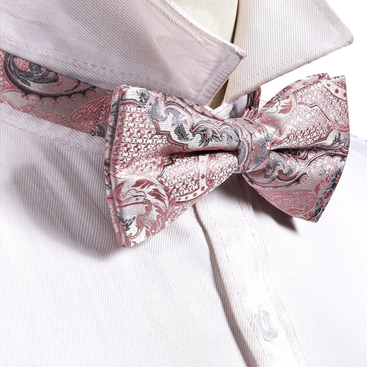 Grey Pink Paisley Pre-tied Bow Tie Hanky Cufflinks Set sold by Ties2You product image thumbnail 2
