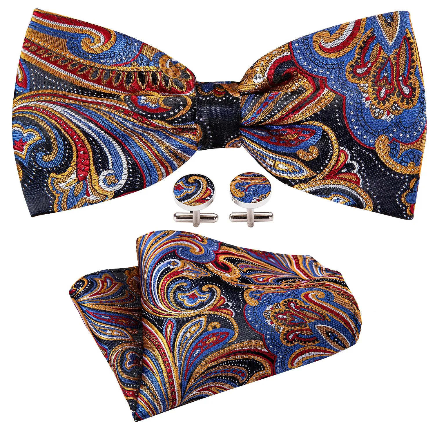 Orange Red Blue Paisley Men's Pre-tied Bowtie Pocket Square Cufflinks Set sold by Ties2You product image thumbnail 2