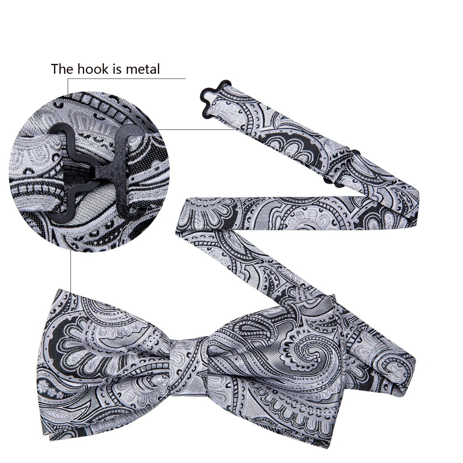 White Grey Paisley Men's Pre-tied Bowtie Pocket Square Cufflinks Set sold by Ties2You product image thumbnail 4