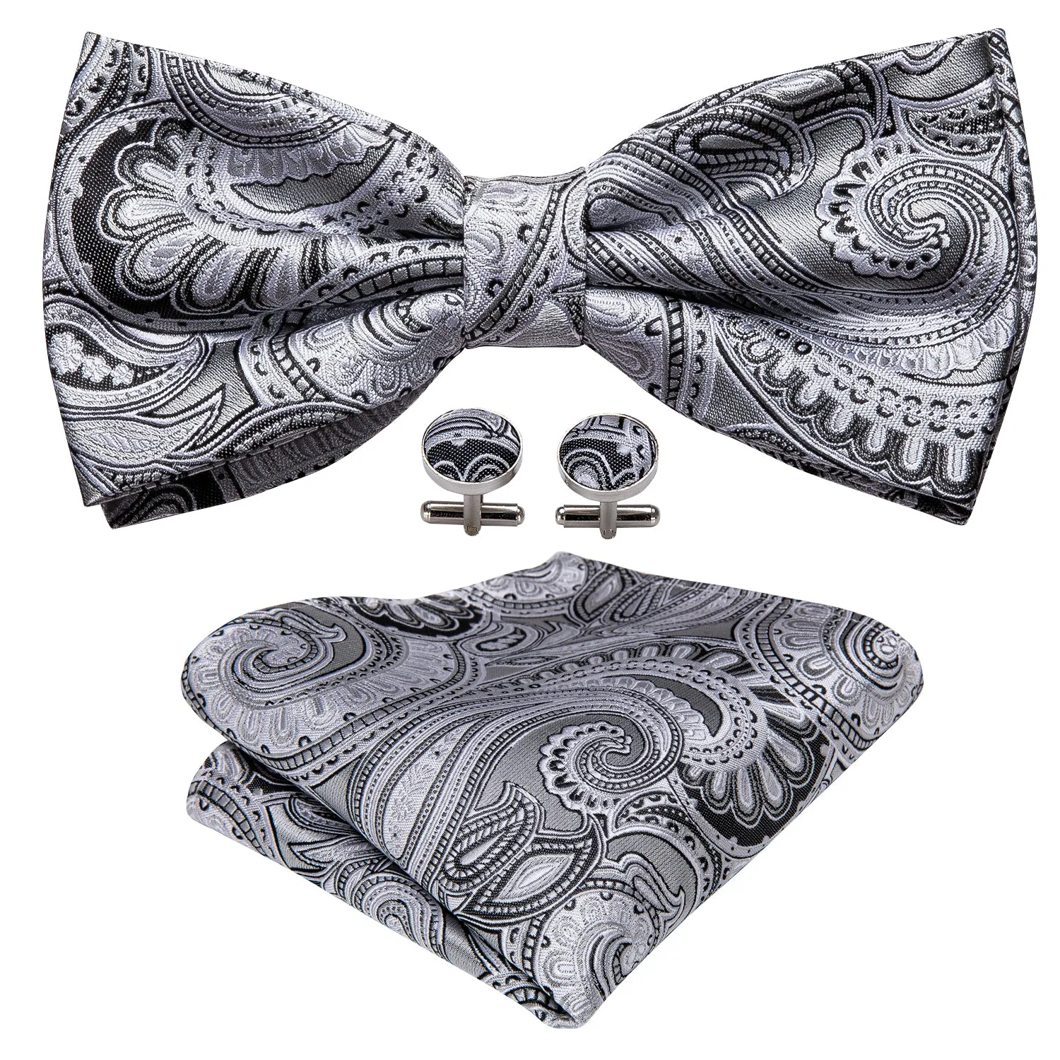 White Grey Paisley Men's Pre-tied Bowtie Pocket Square Cufflinks Set sold by Ties2You product image thumbnail 5