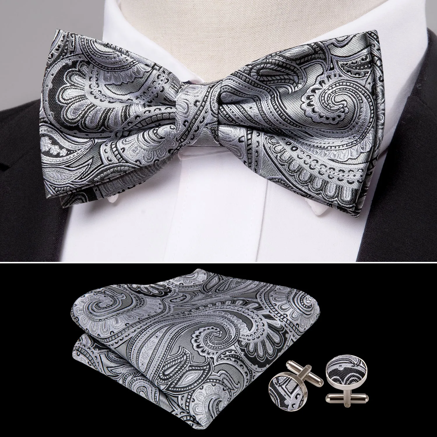 White Grey Paisley Men's Pre-tied Bowtie Pocket Square Cufflinks Set sold by Ties2You