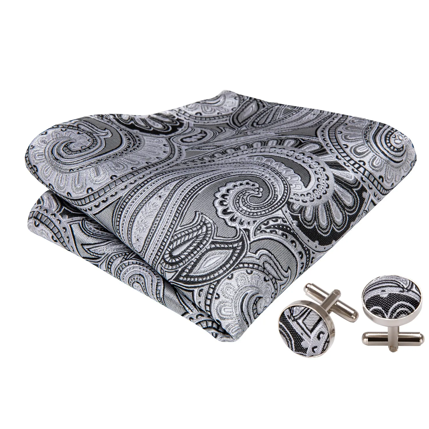 White Grey Paisley Men's Pre-tied Bowtie Pocket Square Cufflinks Set sold by Ties2You product image thumbnail 3