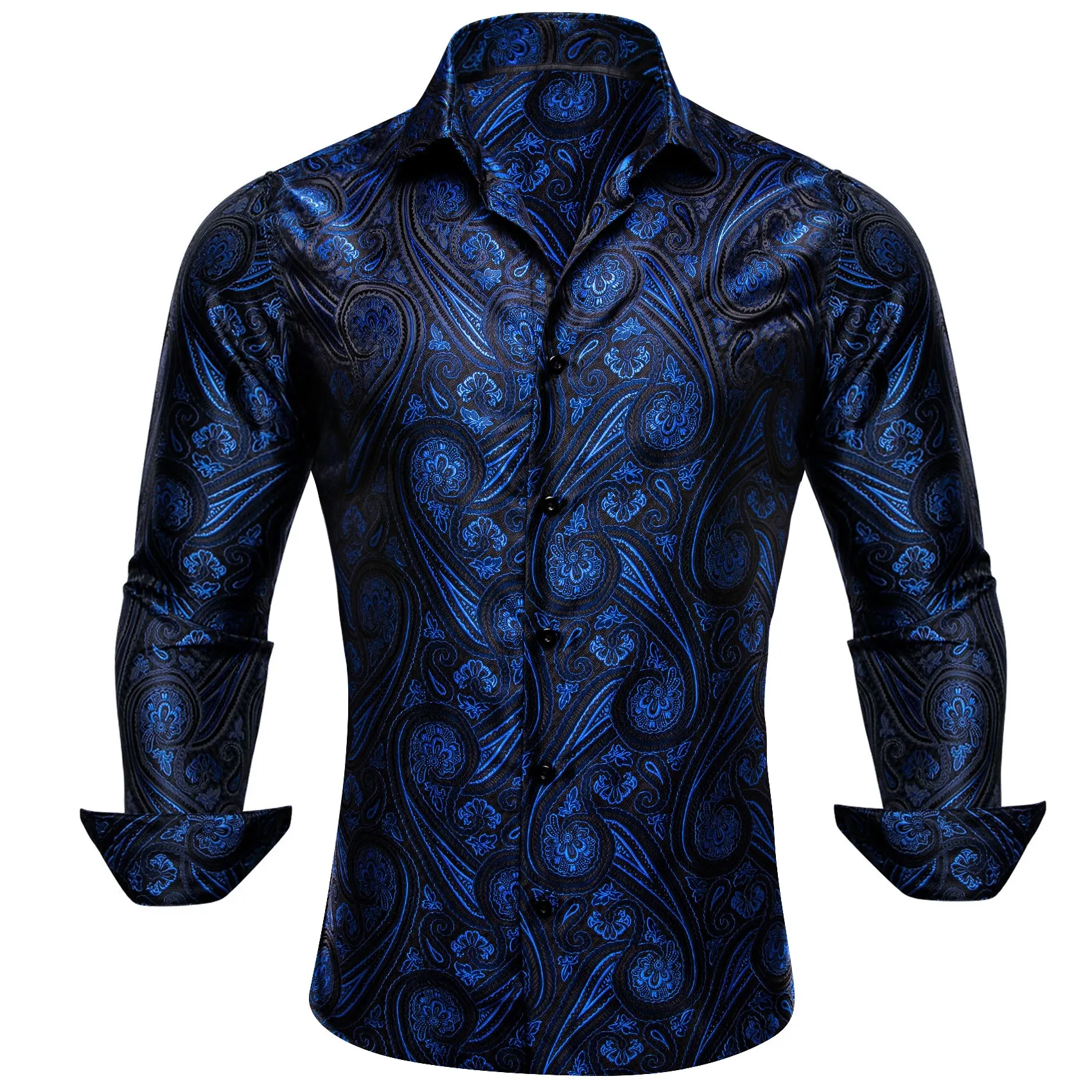 Ties2you Mens Royal Blue Western Shirt Silk Black Paisley Long Sleeve Button Down Shirt sold by Ties2You