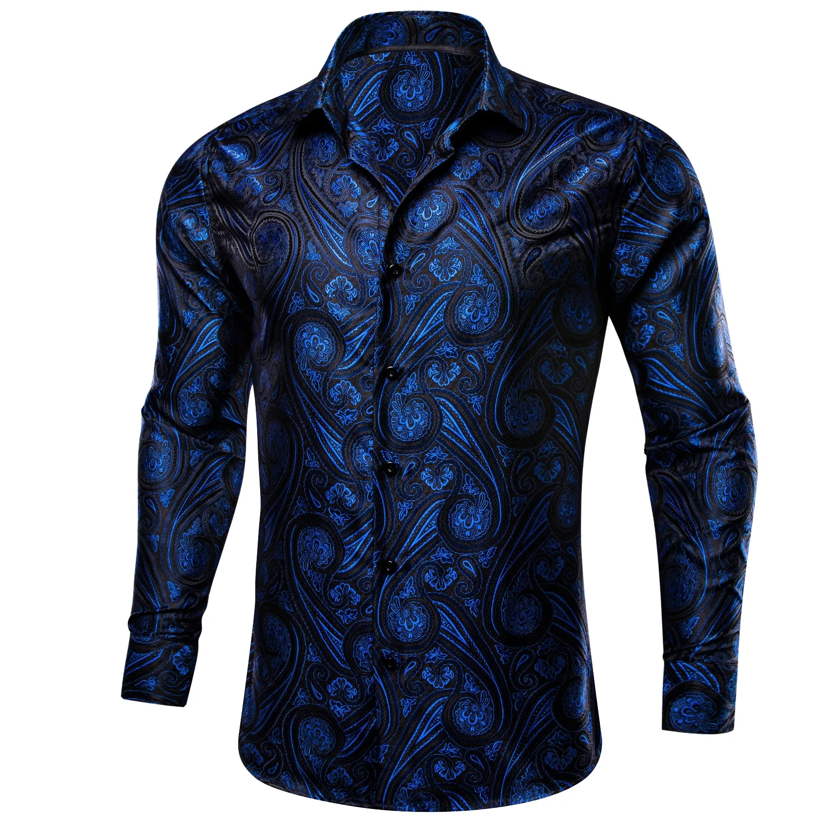 Ties2you Mens Royal Blue Western Shirt Silk Black Paisley Long Sleeve Button Down Shirt sold by Ties2You product image thumbnail 2