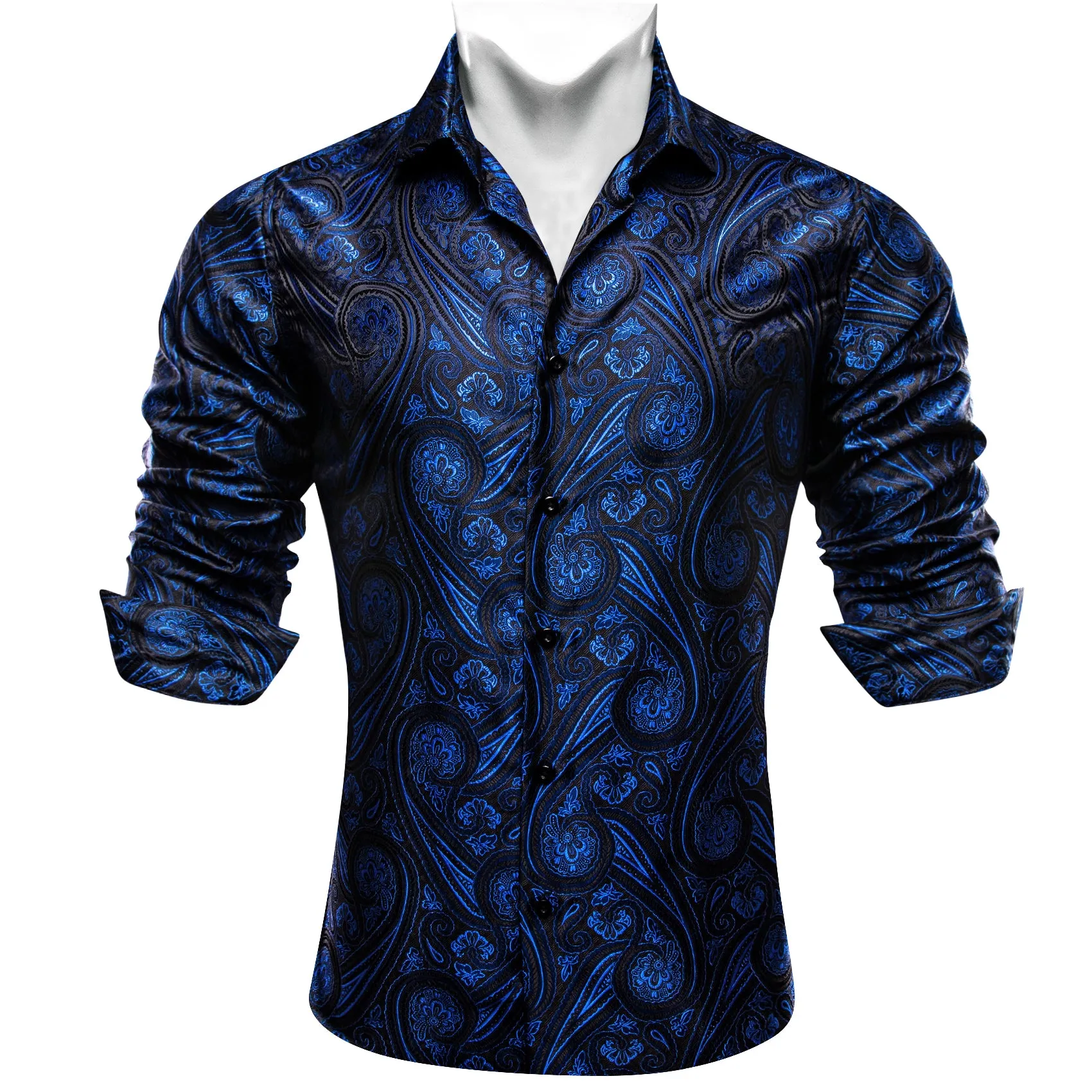 Ties2you Mens Royal Blue Western Shirt Silk Black Paisley Long Sleeve Button Down Shirt sold by Ties2You product image thumbnail 4