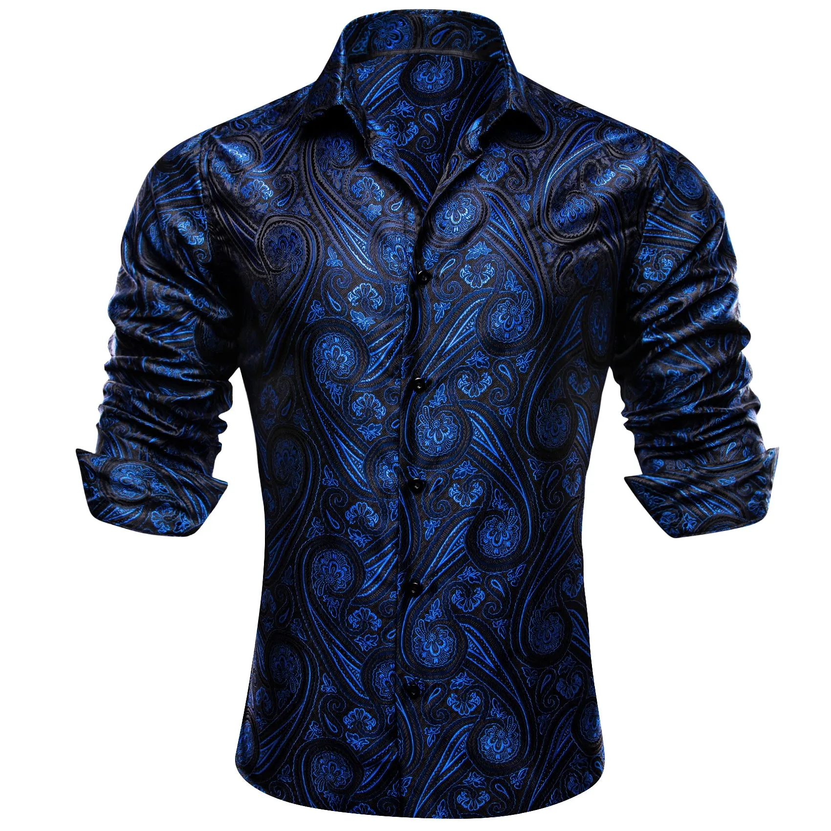 Ties2you Mens Royal Blue Western Shirt Silk Black Paisley Long Sleeve Button Down Shirt sold by Ties2You product image thumbnail 3