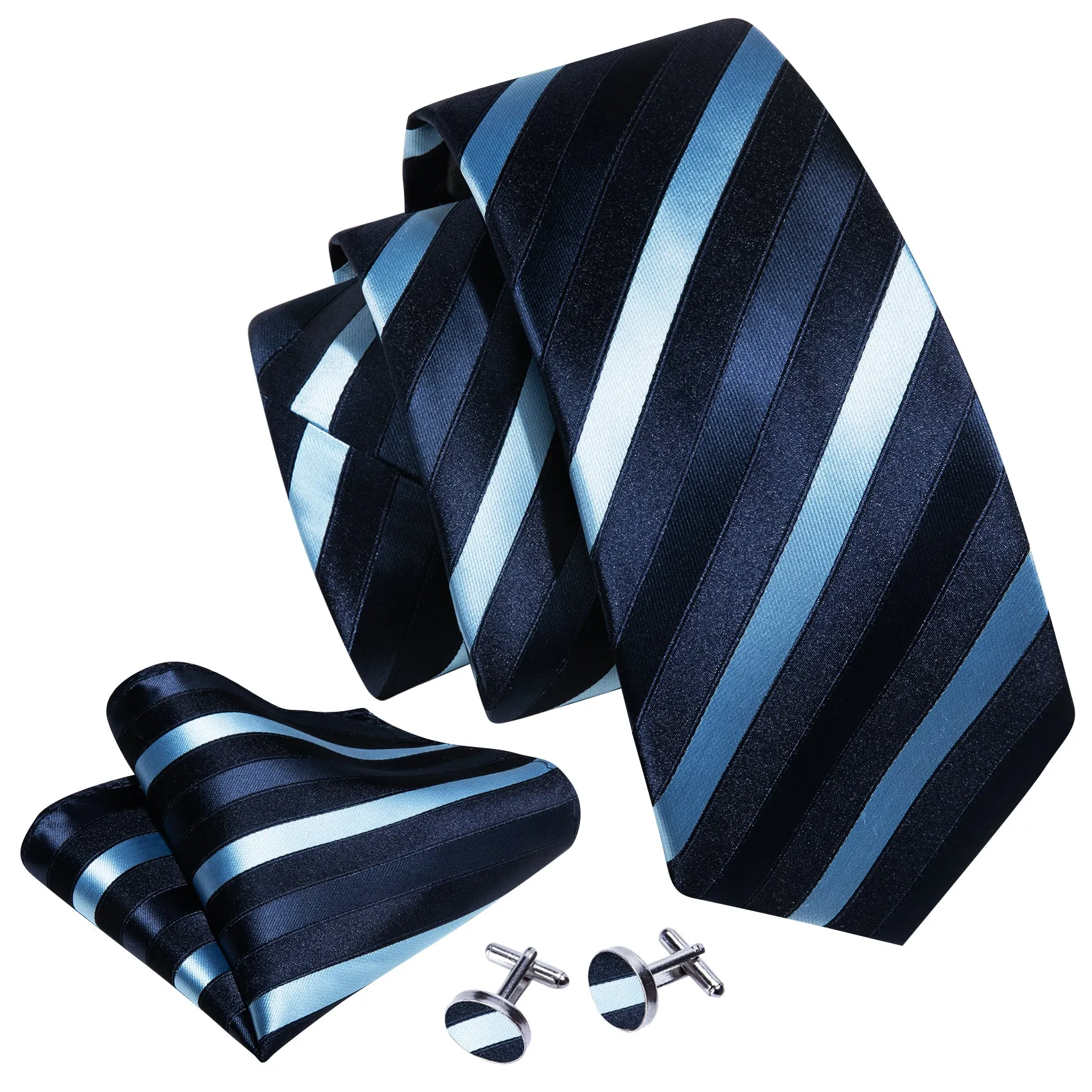 Dark Blue Striped Silk Men's Necktie Pocket Square Cufflinks Set sold by Ties2You product image thumbnail 3