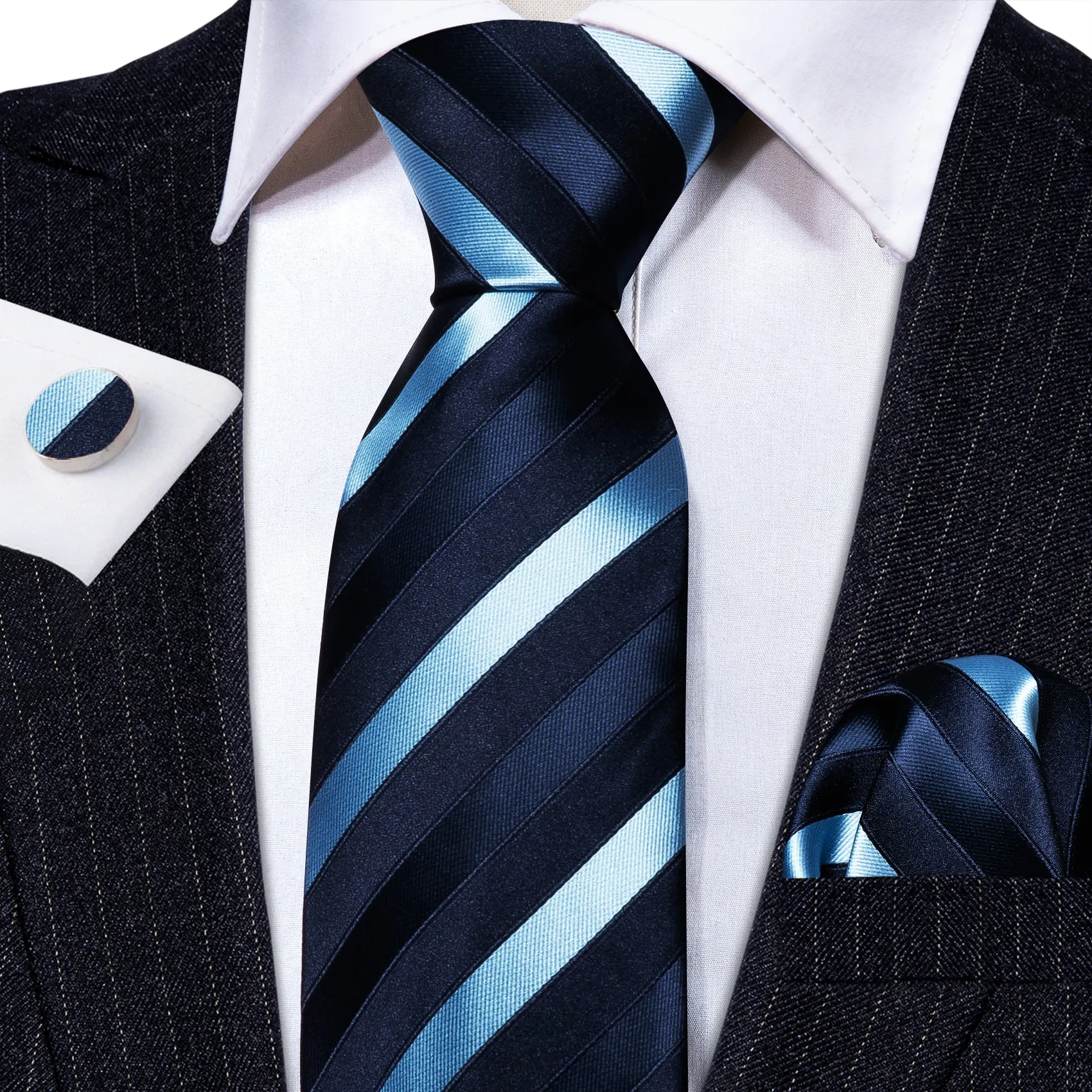 Dark Blue Striped Silk Men's Necktie Pocket Square Cufflinks Set sold by Ties2You product image thumbnail 2