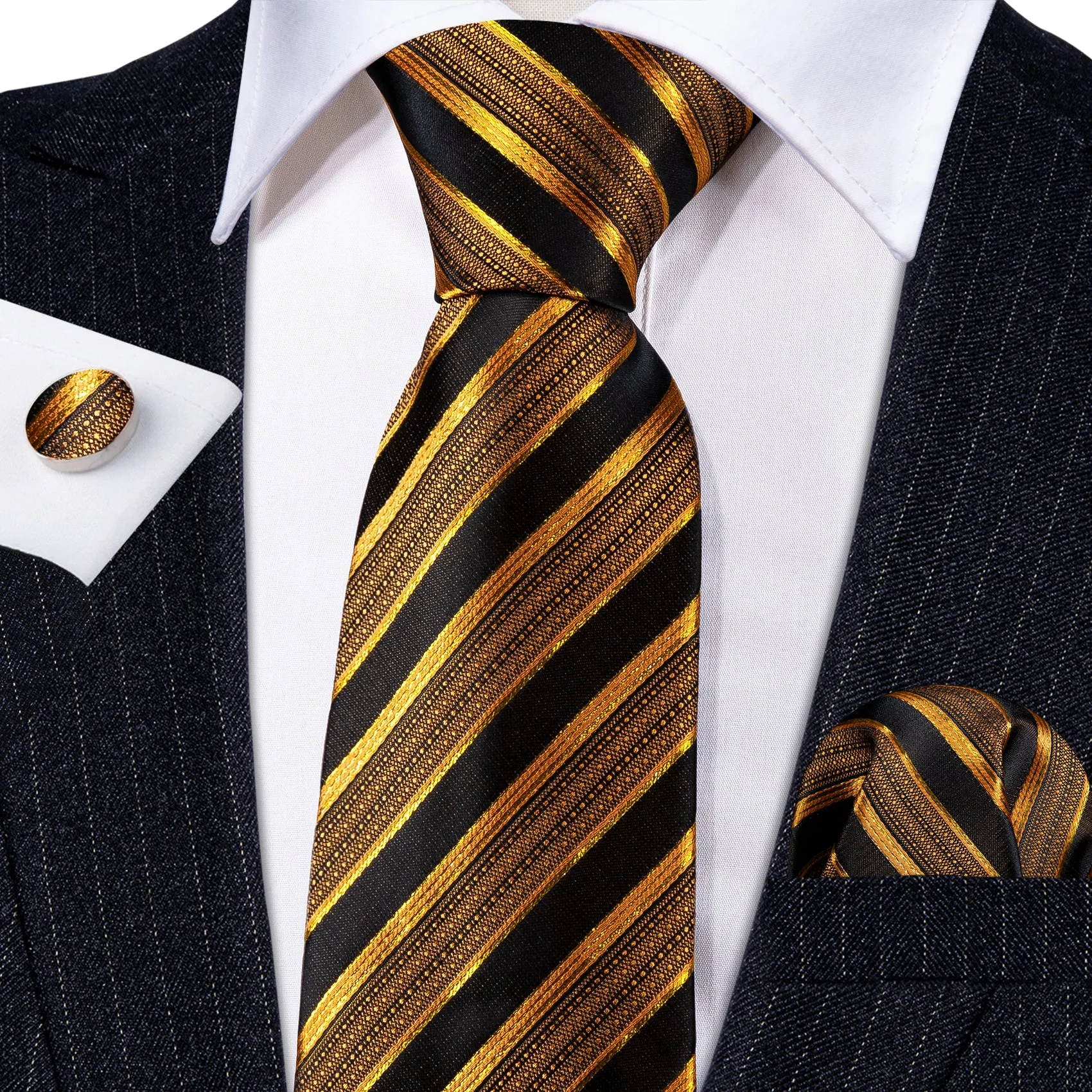 Black Golden Striped Silk Men's Necktie Pocket Square Cufflinks Set sold by Ties2You product image thumbnail 2