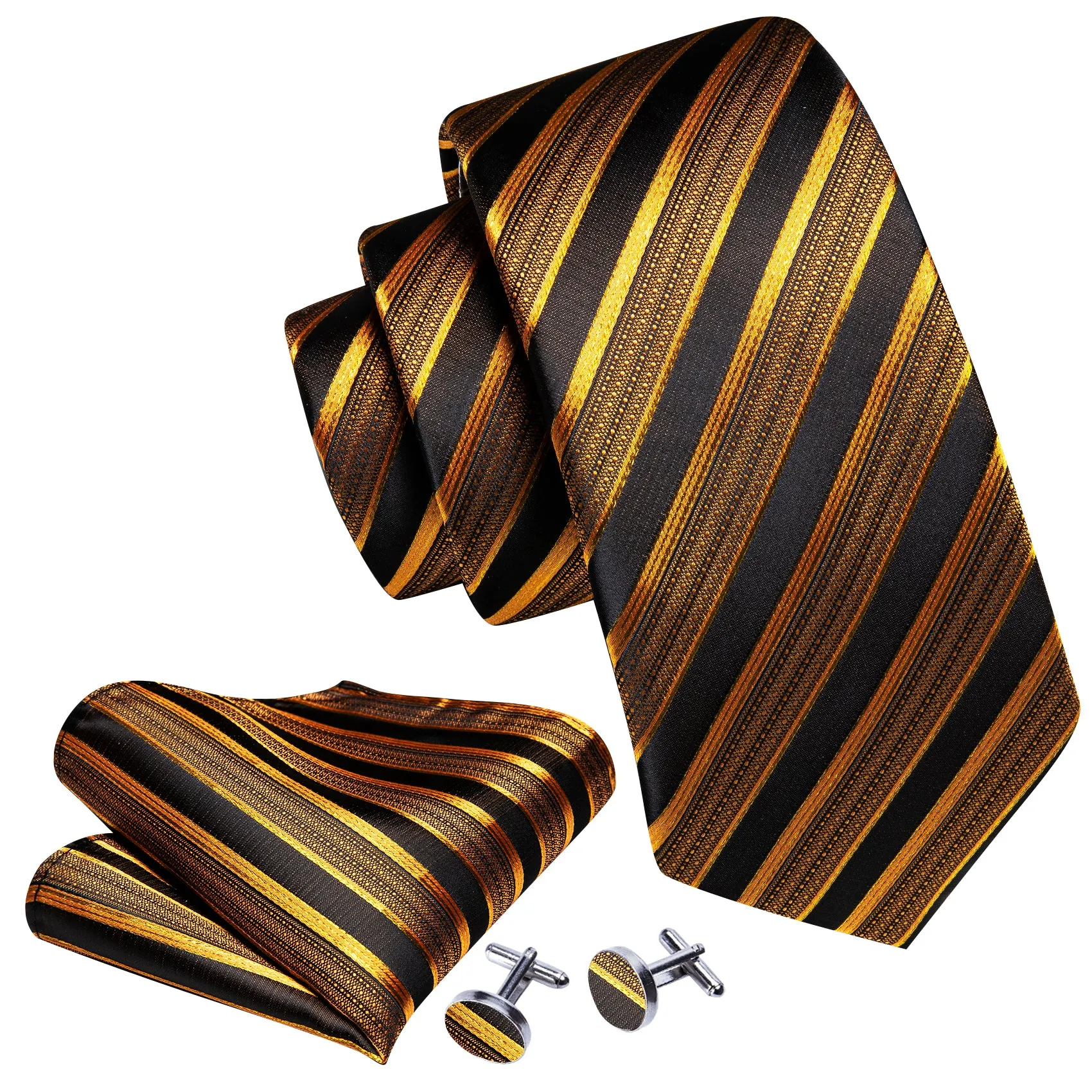 Black Golden Striped Silk Men's Necktie Pocket Square Cufflinks Set sold by Ties2You product image thumbnail 3