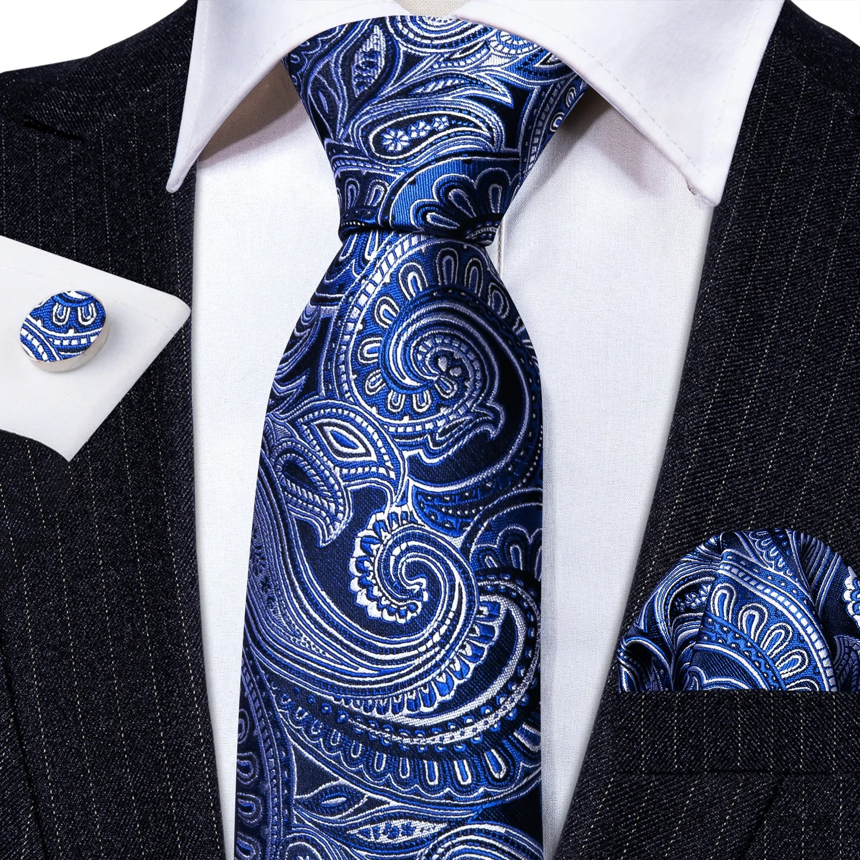 Blue Paisley Silk Men's Necktie Pocket Square Cufflinks Set sold by Ties2You product image thumbnail 3
