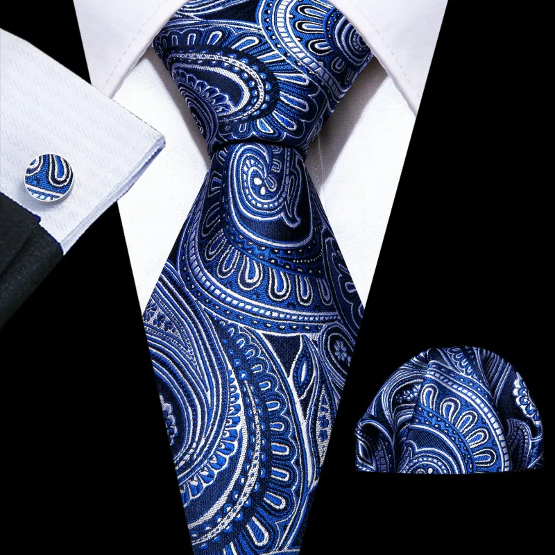 Blue Paisley Silk Men's Necktie Pocket Square Cufflinks Set sold by Ties2You
