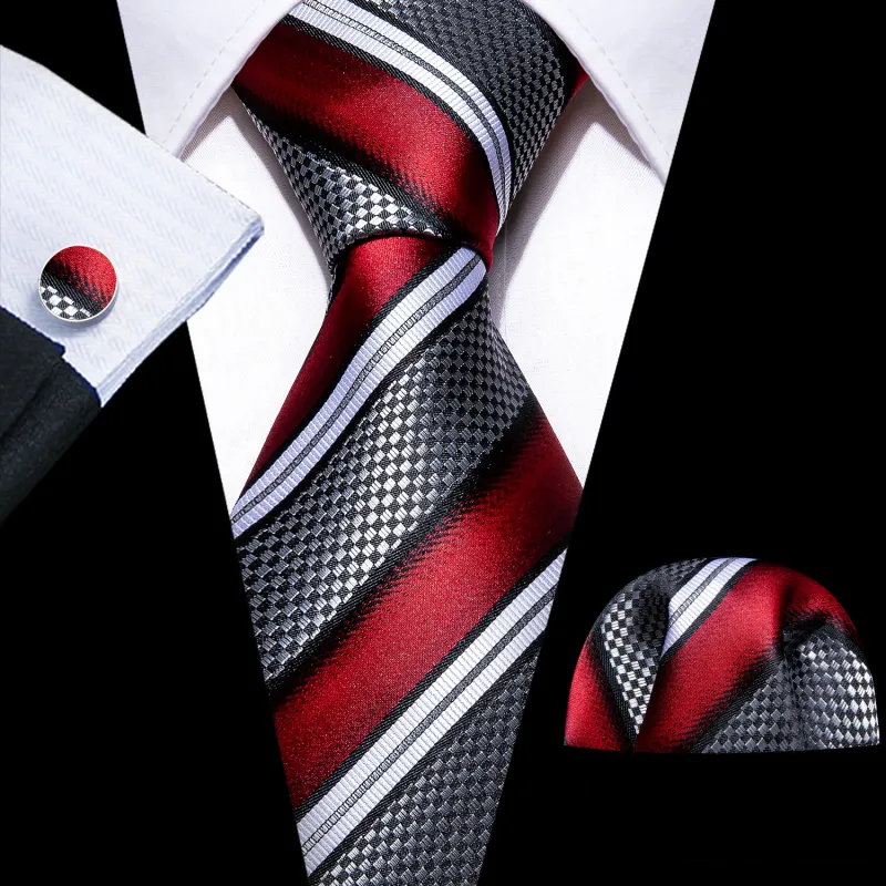 Ties2you Mens Formal Silk Tie Red Silver Striped Necktie Hanky Cufflinks Set sold by Ties2You
