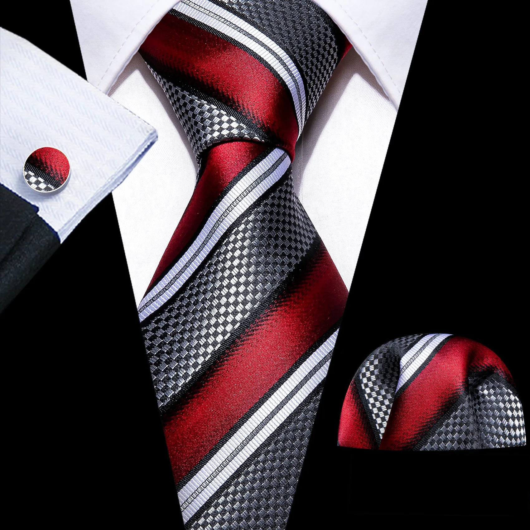 Ties2you Mens Formal Silk Tie Red Silver Striped Necktie Hanky Cufflinks Set sold by Ties2You