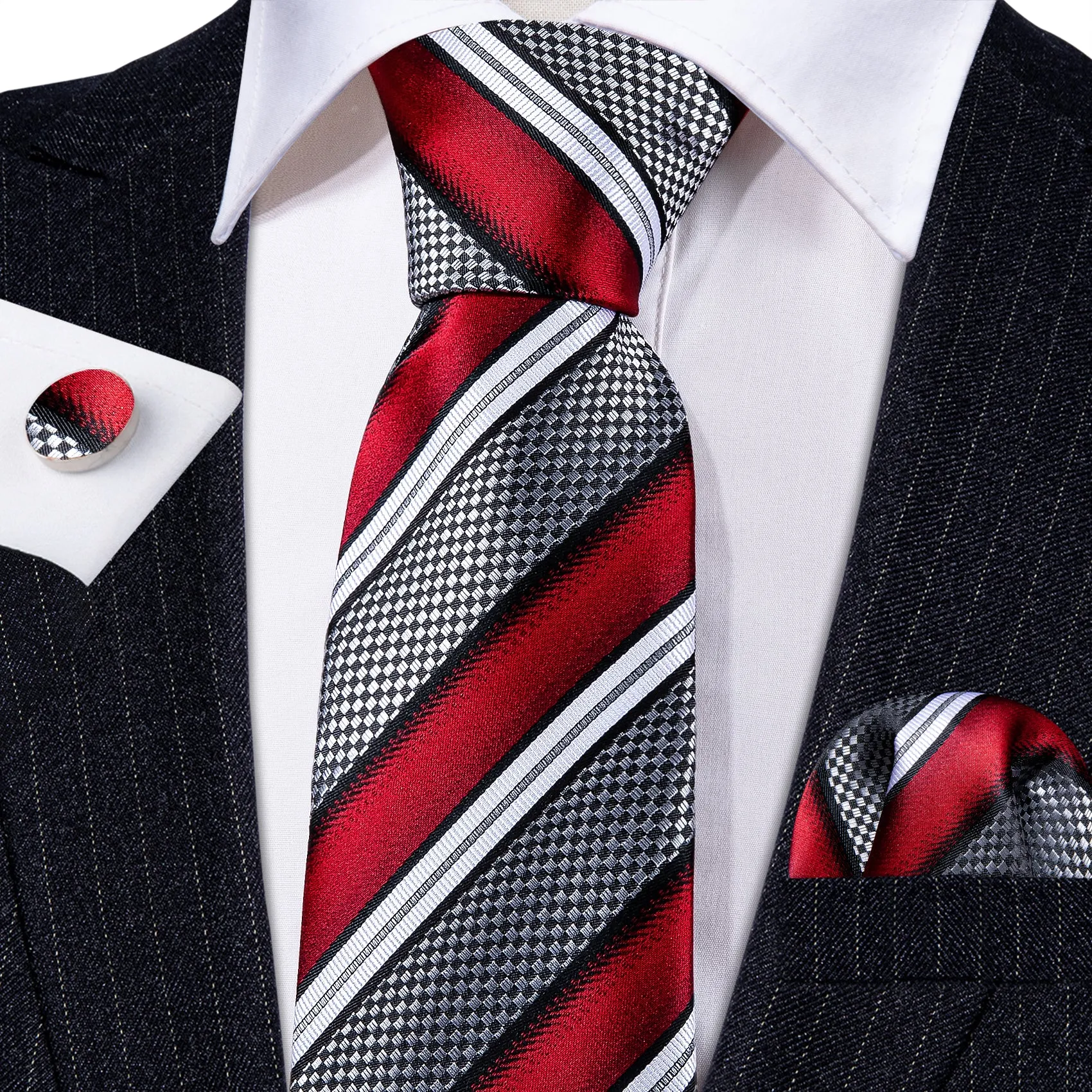 Ties2you Mens Formal Silk Tie Red Silver Striped Necktie Hanky Cufflinks Set sold by Ties2You product image thumbnail 3
