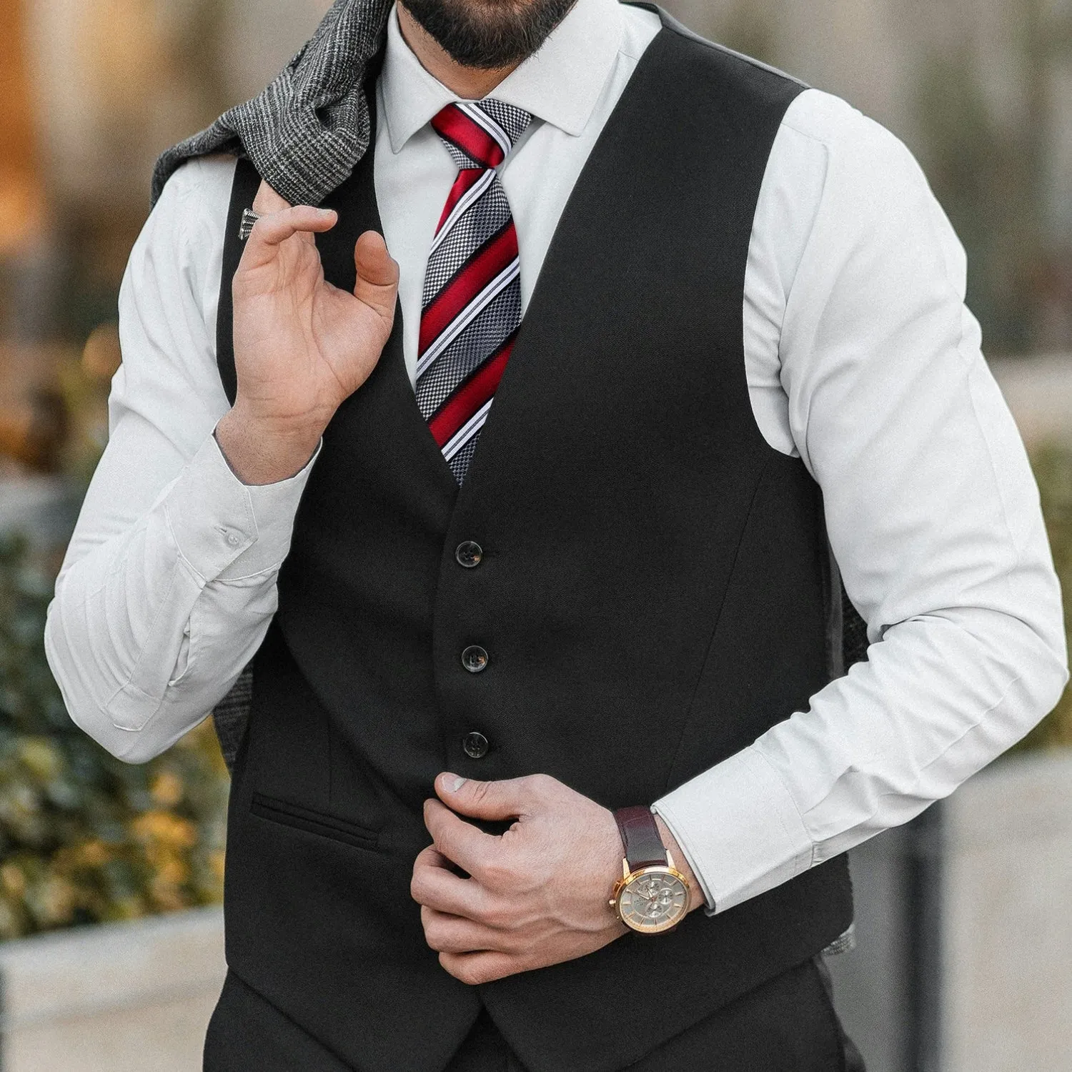 Ties2you Mens Formal Silk Tie Red Silver Striped Necktie Hanky Cufflinks Set sold by Ties2You product image thumbnail 2