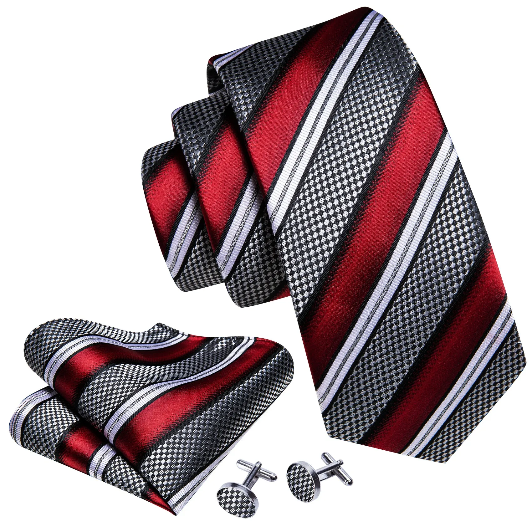 Ties2you Mens Formal Silk Tie Red Silver Striped Necktie Hanky Cufflinks Set sold by Ties2You product image thumbnail 4