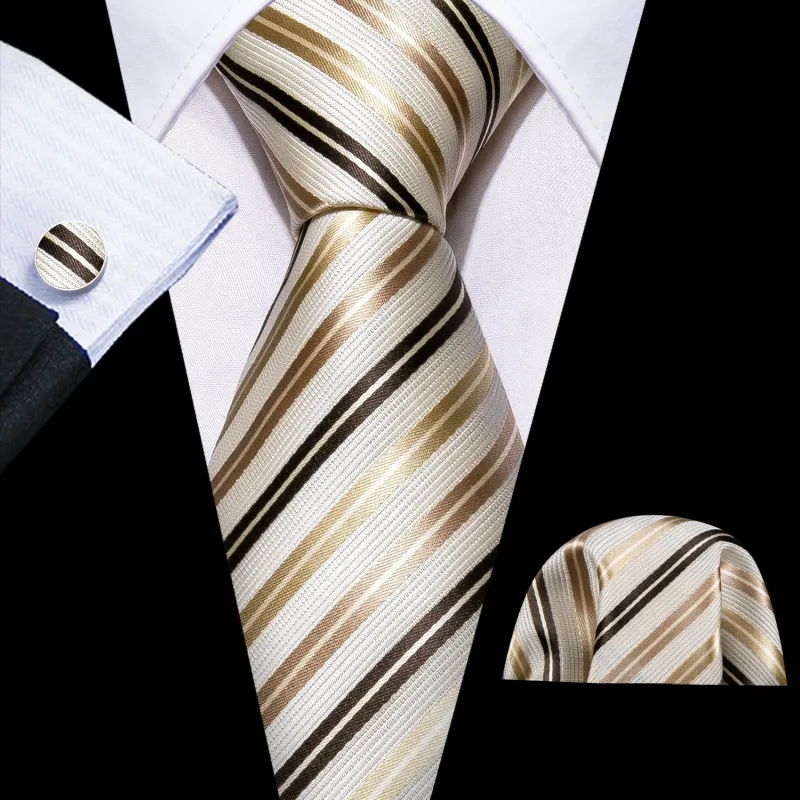 White Champagne Striped Silk Men's Necktie Pocket Square Cufflinks Set sold by Ties2You