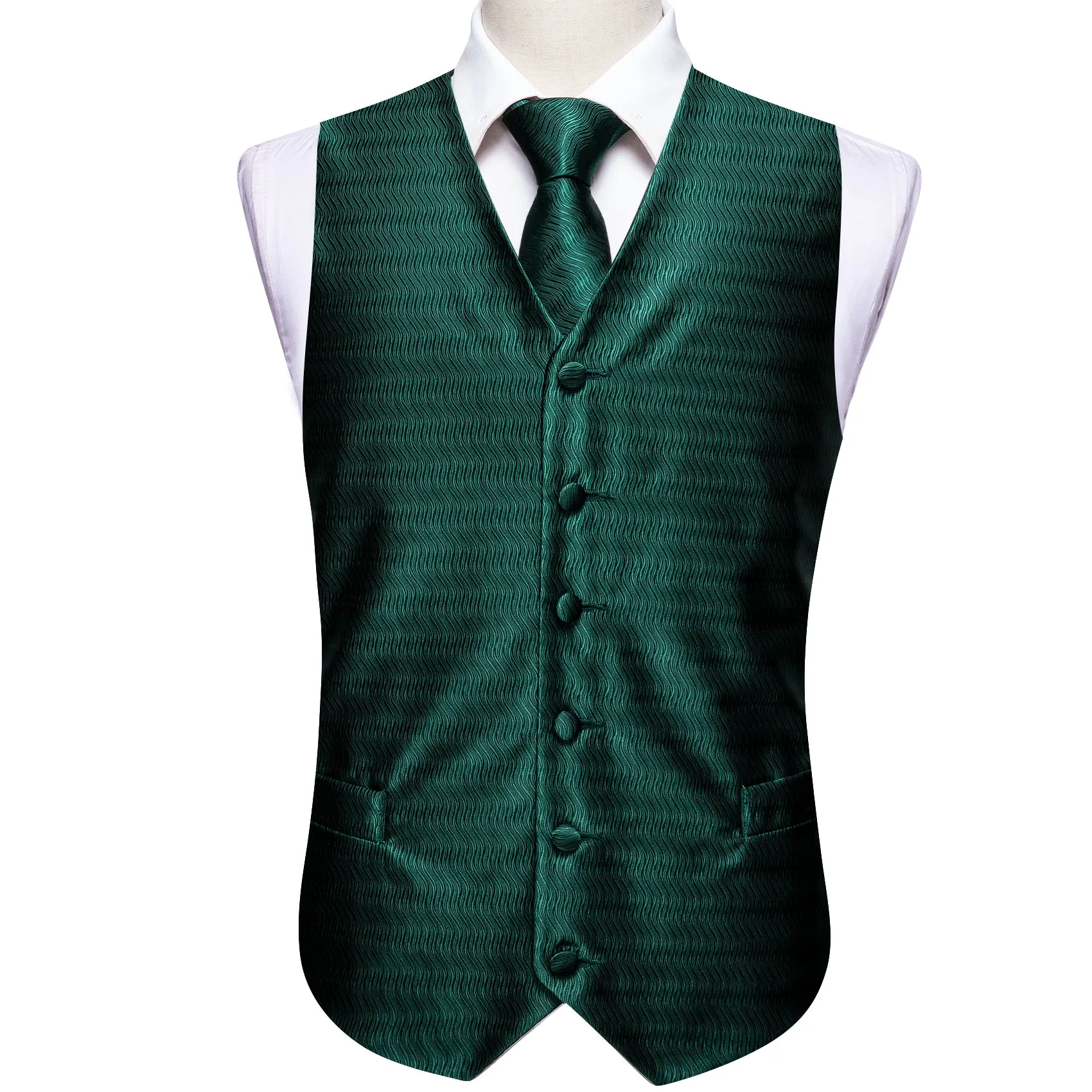 Dark Green Striped Jacquard Silk Men's Vest Hanky Cufflinks Tie Set sold by Ties2You product image thumbnail 3