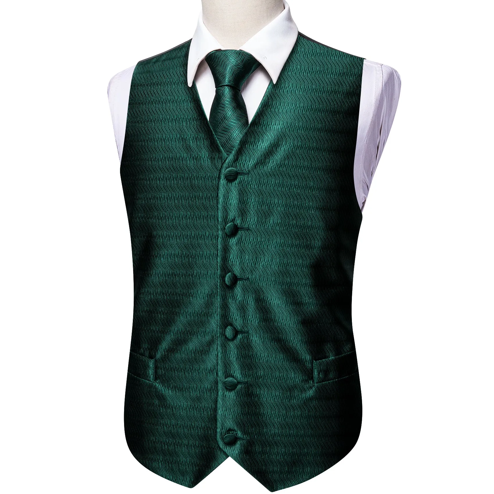 Dark Green Striped Jacquard Silk Men's Vest Hanky Cufflinks Tie Set sold by Ties2You product image thumbnail 4