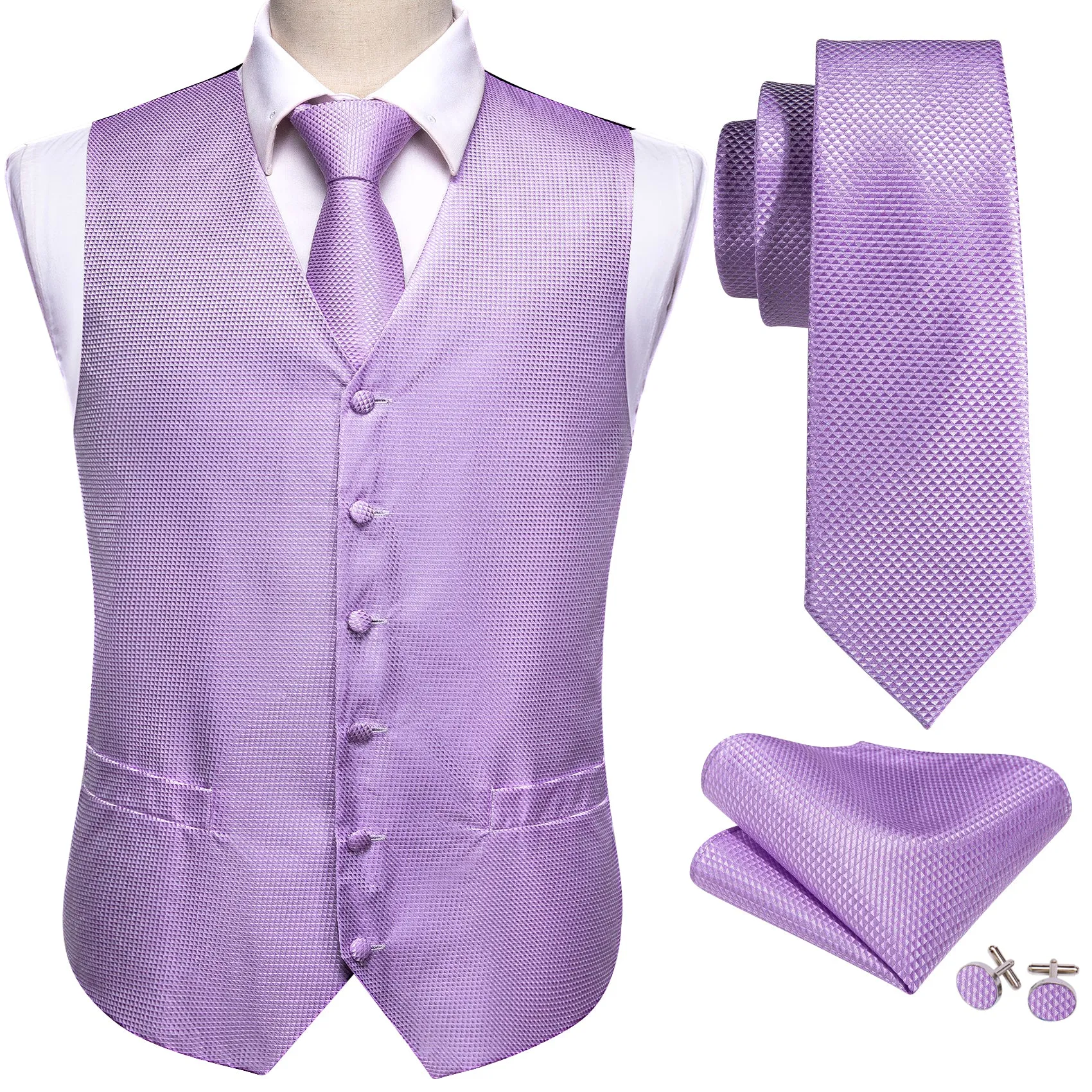 Light Purple Plaid Jacquard Silk Men's Vest Hanky Cufflinks Tie Set sold by Ties2You product image thumbnail 3