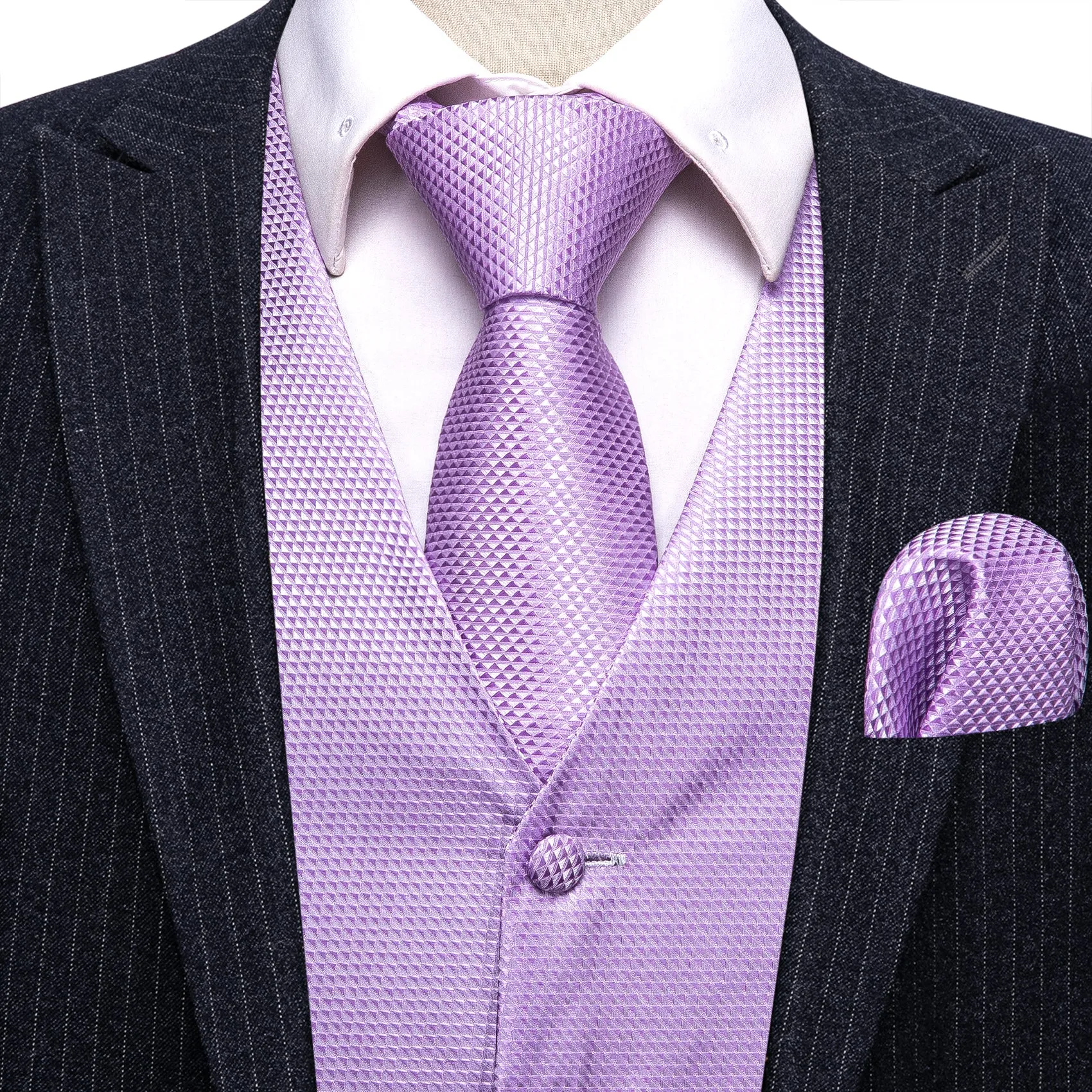 Light Purple Plaid Jacquard Silk Men's Vest Hanky Cufflinks Tie Set sold by Ties2You product image thumbnail 2