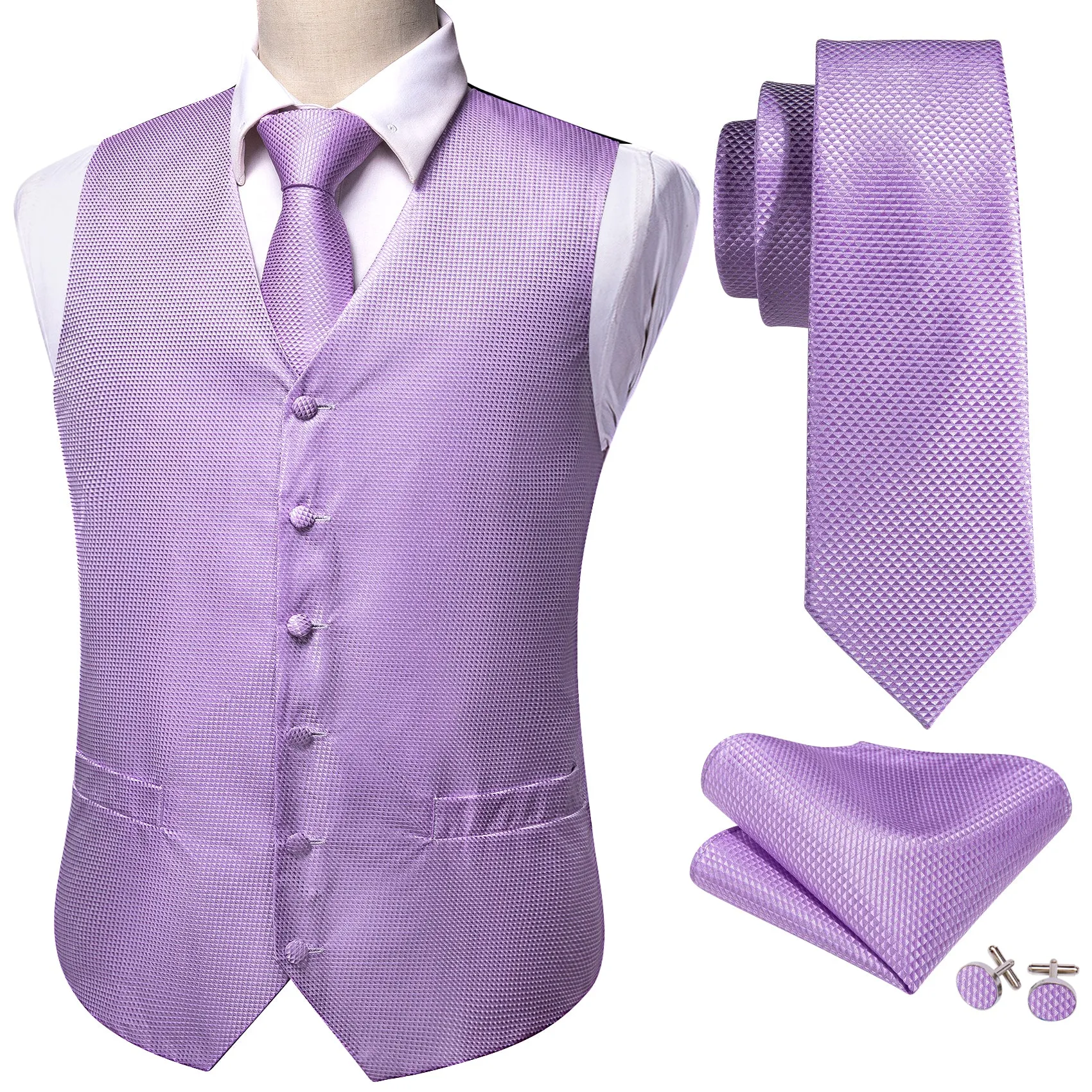 Light Purple Plaid Jacquard Silk Men's Vest Hanky Cufflinks Tie Set sold by Ties2You product image thumbnail 5